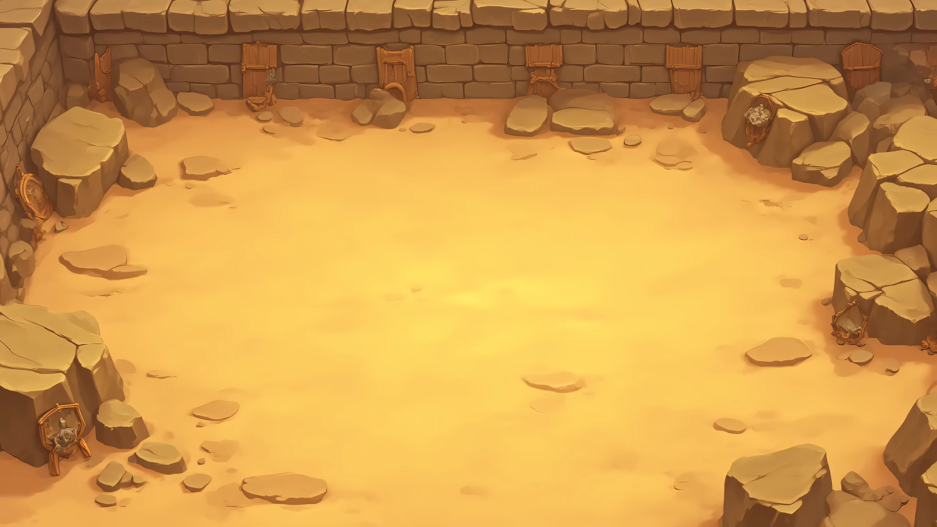 ((ratatatat74)), Quality_masterpiece, (highest quality, best quality), 2.5D view of a medieval combat arena, digital 2D illustration in 16:9. Slightly angled top-down perspective showing a sandy battleground with textured beige surface, small rocks and darker sand patterns creating visual interest. Surrounding stone fortifications show age with cracks and worn surfaces, wooden shields mounted along the walls. Soft shadows, clean outlines, semi-realistic cartoon style with attention to detail like in professional game battle maps.