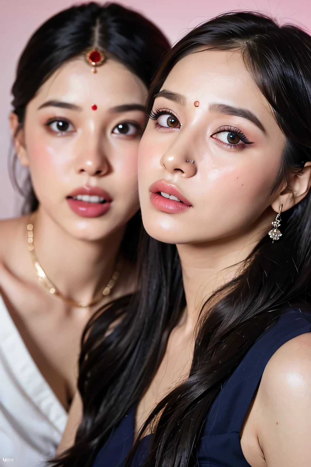 Closeup view two very young Indian girls kissing, real indian face, round facial structure, cute face, red bindi, extreme face closeup, very cute face, desi Indian face, realistic face, proper studio lighting, professional photoshot, gradient background, Photorealistic, hyperrealistic, ultra-realistic real-life woman, ultra 4k quality, 8k, high resolution, ultra-detailed, Hd image quality, 4k image. Detailed face, cutest face, most beautiful, pretty and delicately gorgeous, beautiful detailed eyes, perfect shaped eyes, long eyelashes, detailed lips, perfect closed lips, proper upper lips, symmetrical curvy lips, extremely detailed skin, realistic skin texture, shiny wet skin, extreme sweat all over skin, detailed sweaty skin, sweating heavily, sweat on belly, (soaked in sweat :1.2). Her hands are perfectly shaped, perfect fingers, perfectly shaped head features. Cinematic lighting, dramatic lighting, bright light. Indian bridal makeup, beautiful makeup face, heavy face makeup, eyeliner kajal, eye makeup, red bindi on forehead, curly hairbun, hairstyle, light jewelry. Full view of face, detaled lips. Soft pink lipstic, mouth slightly open, teeths vissible inside mouth, perfect symmetrical teeth. Very soft link lips. Mouth wide open, tounge out, facial potrait, show only face. Only face, face taken full screen, extreme closeup of face, kissing lips, deep kissing, two female lissing, realistic kissing scene, lesbian kiss, sloppy kiss