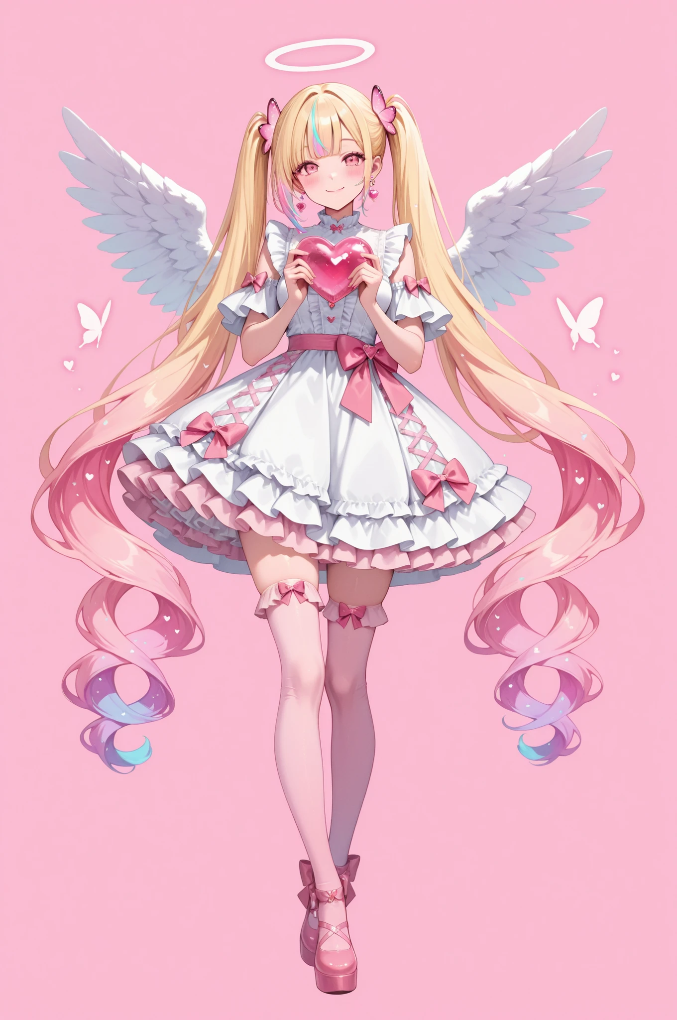 1girl, solo, long hair, looking at viewer, blush, smile, bangs, blonde hair, simple background, hair ornament, thighhighs, simple background, dress, bow, holding, twintails, jewelry, very long hair, closed mouth, full body, colorful hair,heart, multicolored hair, earrings, frills, angel wings,, pink eyes, white dress, halo, frilled dress, pink bow, butterfly, pink theme