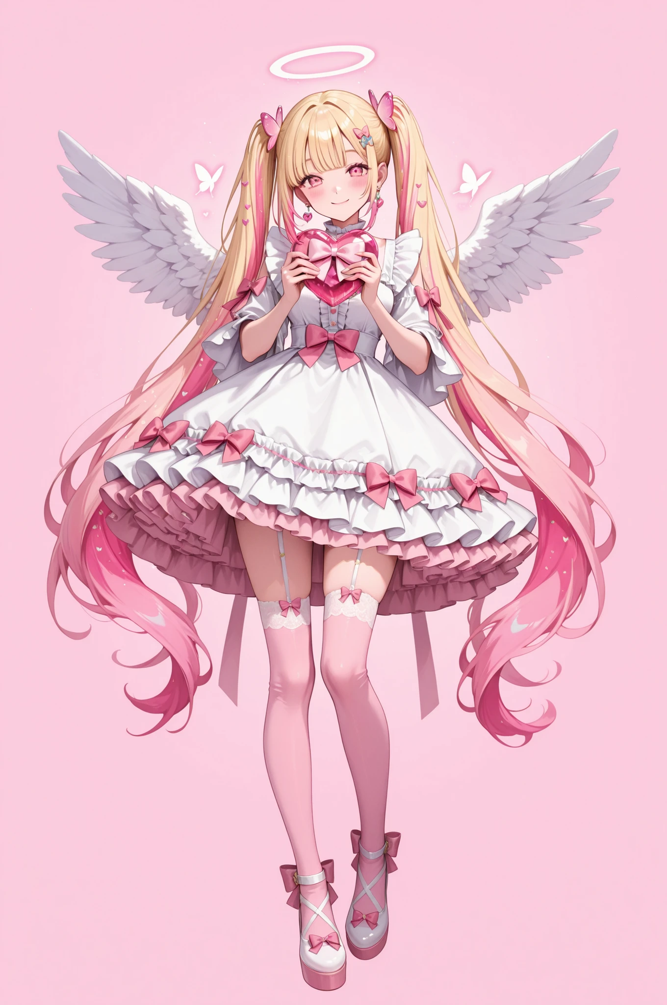 1girl, solo, long hair, looking at viewer, blush, smile, bangs, blonde hair, simple background, hair ornament, thighhighs, simple background, dress, bow, holding, twintails, jewelry, very long hair, closed mouth, full body, colorful hair,heart, multicolored hair, earrings, frills, angel wings,, pink eyes, white dress, halo, frilled dress, pink bow, butterfly, pink theme