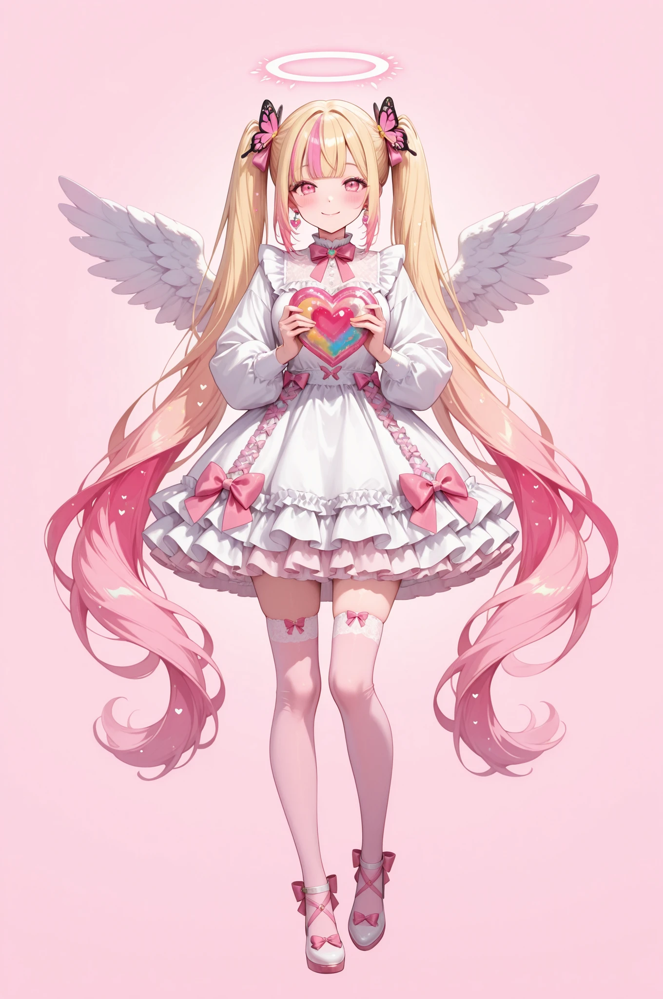 1girl, solo, long hair, looking at viewer, blush, smile, bangs, blonde hair, simple background, hair ornament, thighhighs, simple background, dress, bow, holding, twintails, jewelry, very long hair, closed mouth, full body, colorful hair,heart, multicolored hair, earrings, frills, angel wings,, pink eyes, white dress, halo, frilled dress, pink bow, butterfly, pink theme