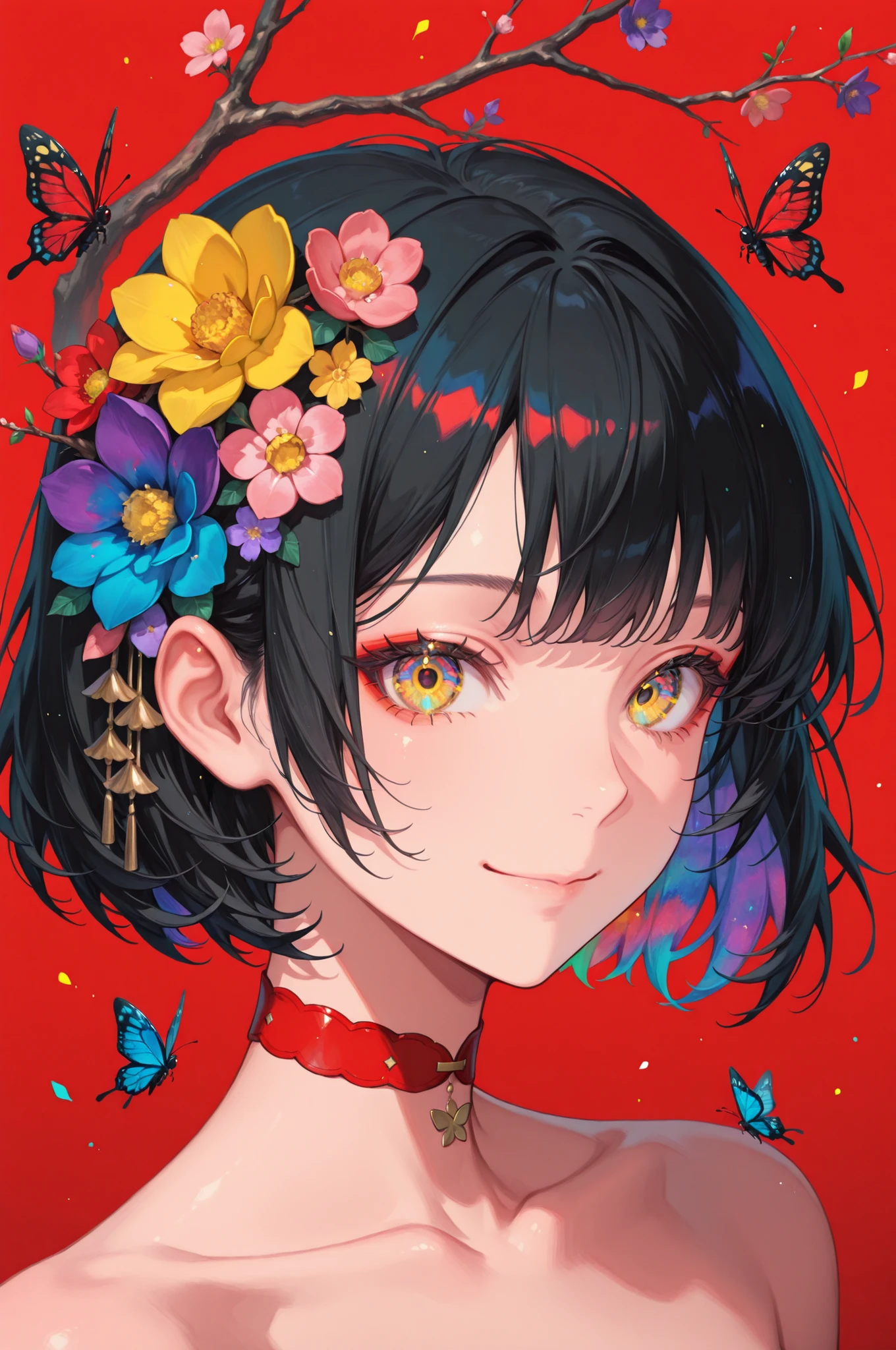 1girl, solo, flower, portrait, looking at viewer, smile, short hair, multicolored eyes, colorful, red flower, blue flower, black hair, choker, closed mouth, red choker, hair flower, red background, bug, hair ornament, butterfly, pink flower, branch, yellow flower, purple flower, collarbone, yellow eyes