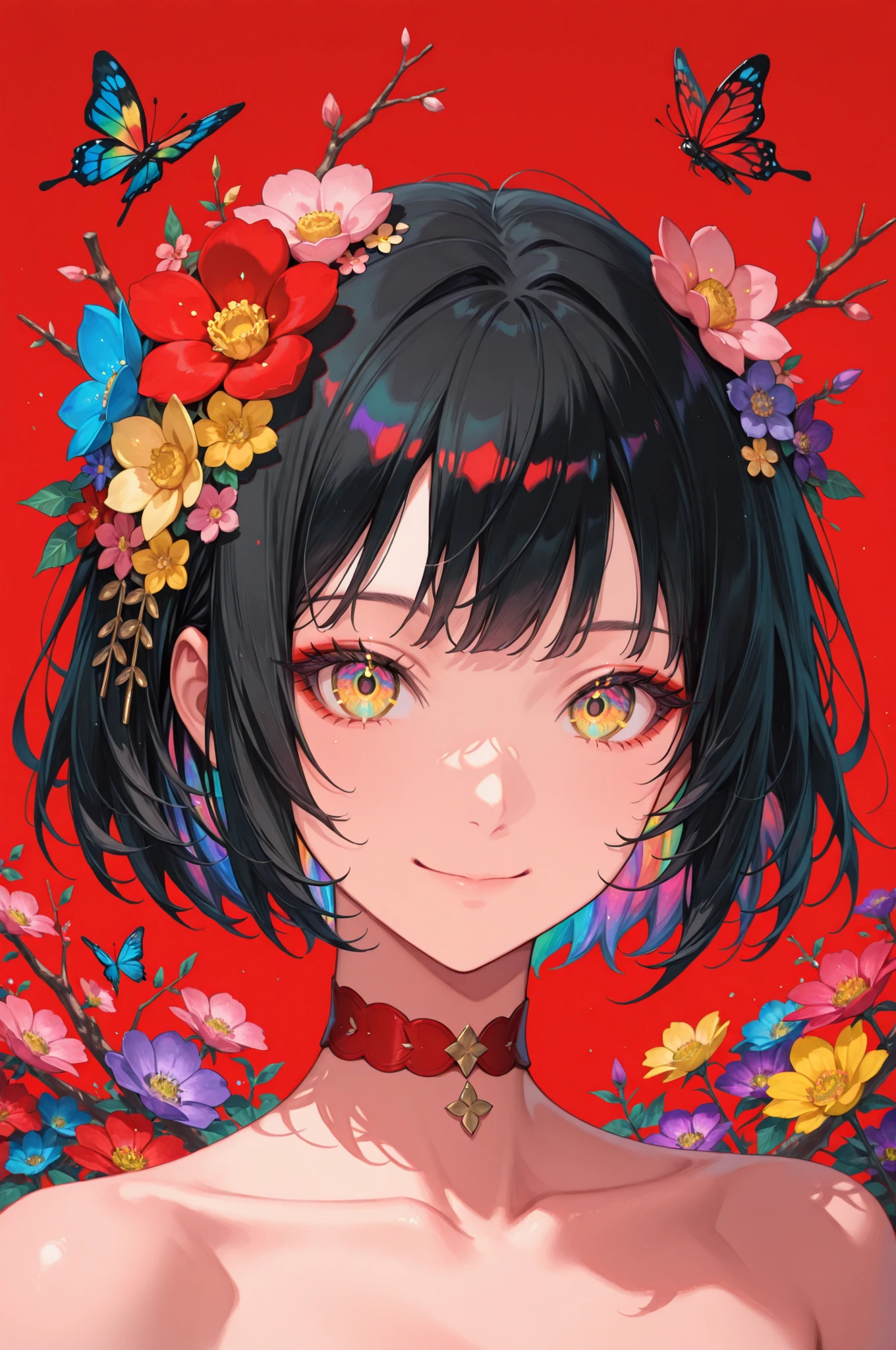 1girl, solo, flower, portrait, looking at viewer, smile, short hair, multicolored eyes, colorful, red flower, blue flower, black hair, choker, closed mouth, red choker, hair flower, red background, bug, hair ornament, butterfly, pink flower, branch, yellow flower, purple flower, collarbone, yellow eyes