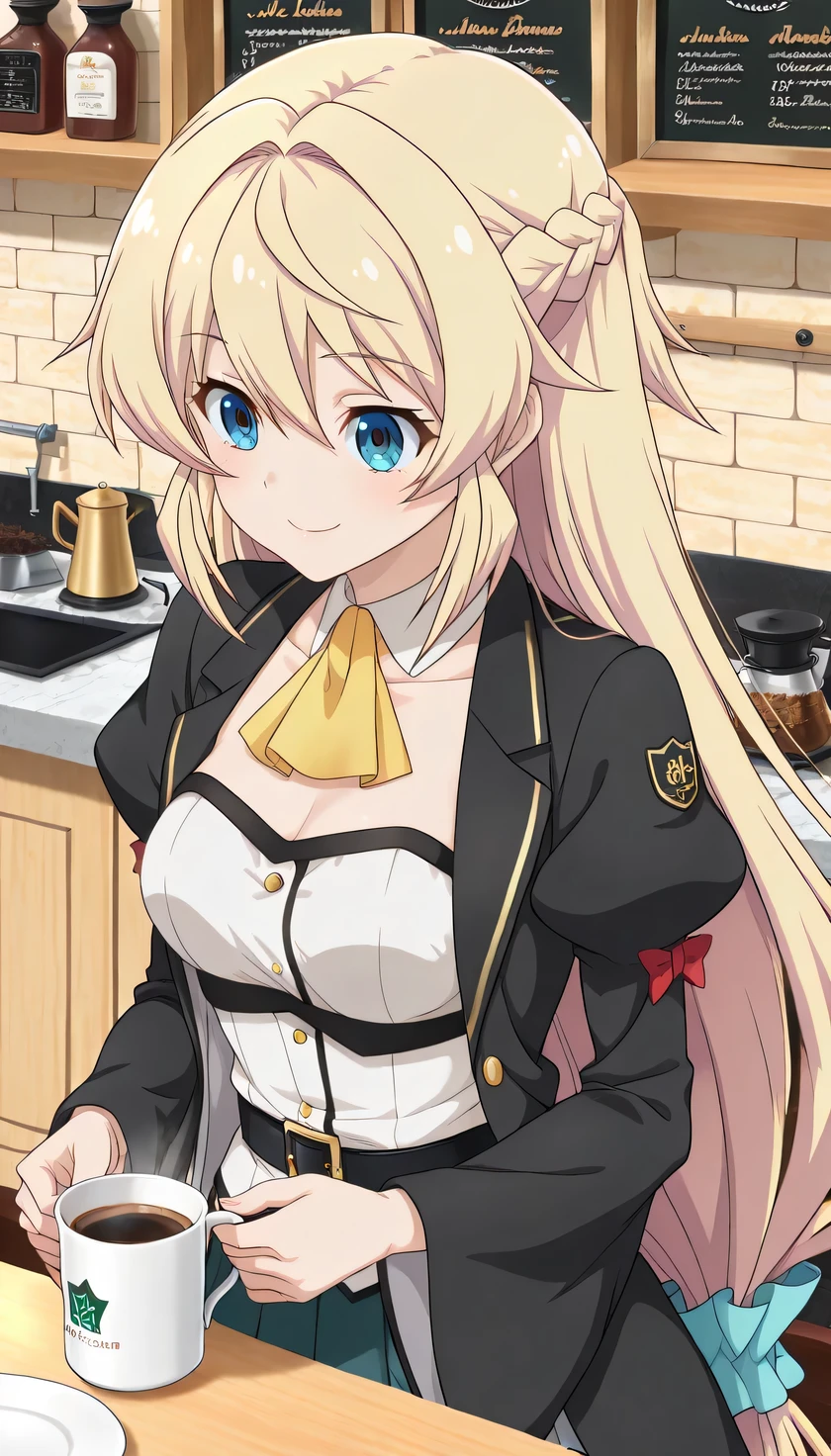 {{{masterpiece}}}, (best quality:1.5), (ultra-detailed:1.5), {illustration}, {{an extremely delicate and beautiful}}, (beautiful detailed eyes:1.2), absurdres, highres, extremely detailed face, 16k, hd, visual anime de uma jovem mulher, extremamente bonito rosto de anime, anime melhor garota, (perfect hands, perfect ), anime face, Aizawa Azusa (Slime Taoshite 300-nen, Shiranai Uchi ni Level Max ni Nattemashita), azusa-default, 1girl, solo, cute face, long hair, blonde hair, very long hair, braid, (low-tied long hair:1.3), sidelocks, hair between eyes, blue eyes, slender, , big , curvaceous, BREAK, witch, no hat, (witch coat:1.2), black coat, long sleeves, wide sleeves, juliet sleeves, open coat, (white shirt:1.5), detached collar, yellow ascot, strapless, black belt, green skirt, mini pleated skirt, microskirt, white petticoat, legs, brown boots, Cross-laced shoes, knee boots, lace-up boots, BREAK, 1girl, solo, smiling, upturned eyes, brewing coffee, indoor, coffee shop, antique coffee shop, counter table, (upper body:1.3)