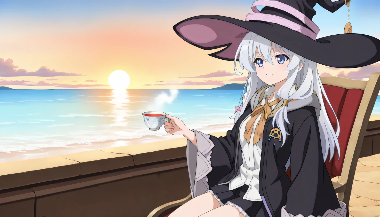 {{{masterpiece}}}, (best quality:1.5), (ultra-detailed:1.5), {illustration}, {{an extremely delicate and beautiful}}, (beautiful detailed eyes:1.2), absurdres, highres, extremely detailed face, 16k, hd, visual anime de uma jovem mulher, extremamente bonito rosto de anime, anime melhor garota, (perfect hands, perfect anatomy), anime face, elaina (majo no tabitabi), elainchar, 1girl, solo, cute face, long hair, white hair, ahoge, hair between eyes, sidelocks, pink bow, single braid, ribbon on braid, yellow hair clip, square face, pointed chin, (big eyes:0.9), blue eyes, medium breasts, big hips, curvaceous, BREAK, witch hat, black headwear, white shirt, (untucked shirt:1.3), (baggy shirt:1.4), collared shirt, (wizard robe:1.3), (long robe:1.2), black robe, hooded robe, open robe, long sleeves, wide sleeves, yellow ribbon tie, brooch, black skirt, pleated skirt, (mini skirt:1.5), (white petticoat:1.2), bare legs, black footwear, witch shoes, BREAK, cute face, tea time, outdoors, chair, sitting in chair, have tea cup, smile, nature, cafe terrace, sunset, seascape, shore, (upper body:1.3), from side
