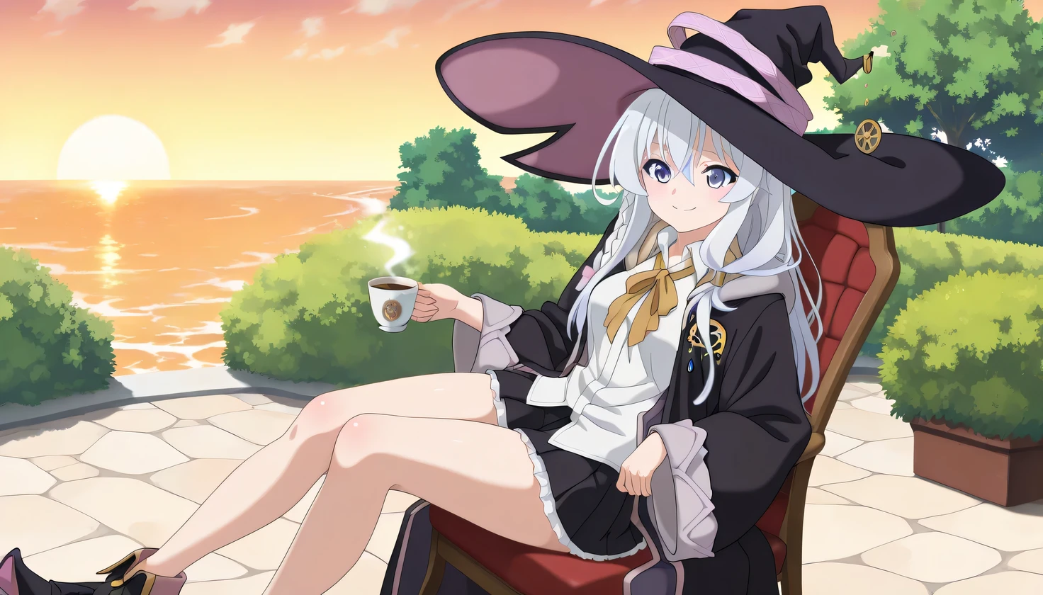 {{{masterpiece}}}, (best quality:1.5), (ultra-detailed:1.5), {illustration}, {{an extremely delicate and beautiful}}, (beautiful detailed eyes:1.2), absurdres, highres, extremely detailed face, 16k, hd, visual anime de uma jovem mulher, extremamente bonito rosto de anime, anime melhor garota, (perfect hands, perfect anatomy), anime face, elaina (majo no tabitabi), elainchar, 1girl, solo, cute face, long hair, white hair, ahoge, hair between eyes, sidelocks, pink bow, single braid, ribbon on braid, yellow hair clip, square face, pointed chin, (big eyes:0.9), blue eyes, medium breasts, big hips, curvaceous, BREAK, witch hat, black headwear, white shirt, long shirt, (untucked shirt:1.3), (baggy shirt:1.4), collared shirt, (wizard robe:1.3), (long robe:1.2), black robe, hooded robe, open robe, long sleeves, wide sleeves, yellow ribbon tie, brooch, black skirt, pleated skirt, (mini skirt:1.5), (white petticoat:1.2), bare legs, black footwear, witch shoes, BREAK, cute face, tea time, outdoors, chair, sitting in chair, have coffee cup, smile, nature, garden, sunset, seascape, shore