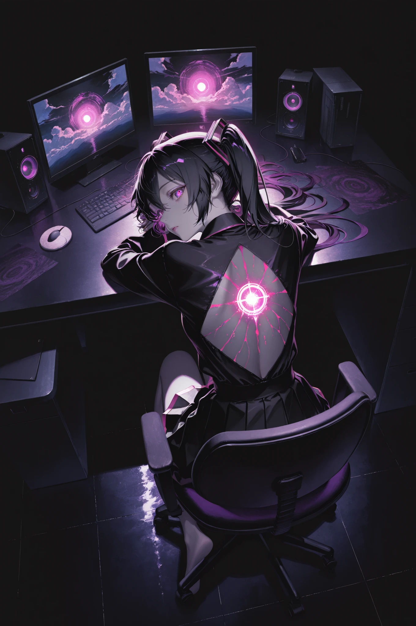 masterpiece,best quality,amazing quality,very aesthetic,absurdres,newest,impactful picture,official art,movie perspective,
(aos:0.5),(fajyobore:0.5),(chiaroscuro:0.5),,from_above,
1girl, magical light, eyes glow seductively,,black_hair,purple_eyes,computer desk,office_chair,leaning on the table.
dark, latest, vibrant color contrast, girl wearing fashionable clothes, back to, looking back, chaotic colors, misplaced light, messy lines, Ink painting, scrawled strokes,Hatsune Miku,limited palette,black background,colorful,vibrant,glowing outline,neon,blacklight,looking at viewer,from_side,, masterpiece,best quality,amazing quality,very aesthetic,absurdres,newest,scenery,impactful picture,official art,movie perspective,(WANKE:0.5),cute painting style,dark, from_below,The streets,the glowing tiles,neon colors,the clouds glowing with strange lights,the dazzling light,the turbid gas rising from the ground,the girl is still afraid to hide in the corner with her hands and feet,cute painting style,dark,
takami_masahiro, latest, Strong color contrast, girl wearing fashionable clothes, back to, looking back, from_above, chaotic colors, misplaced light, messy lines, Ink painting, scrawled strokes,