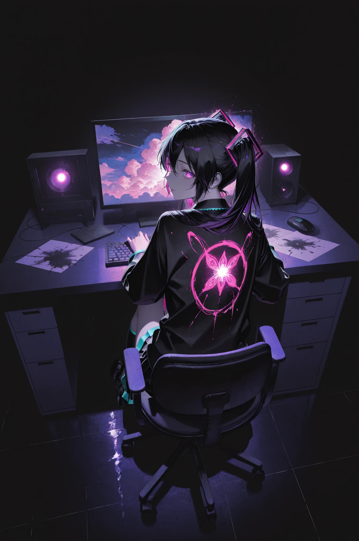 masterpiece,best quality,amazing quality,very aesthetic,absurdres,newest,impactful picture,official art,movie perspective,
(aos:0.5),(fajyobore:0.5),(chiaroscuro:0.5),,from_above,
1girl, magical light, eyes glow seductively,,black_hair,purple_eyes,computer desk,office_chair,leaning on the table.
dark, latest, vibrant color contrast, girl wearing fashionable clothes, back to, looking back, chaotic colors, misplaced light, messy lines, Ink painting, scrawled strokes,Hatsune Miku,limited palette,black background,colorful,vibrant,glowing outline,neon,blacklight,looking at viewer,from_side,, masterpiece,best quality,amazing quality,very aesthetic,absurdres,newest,scenery,impactful picture,official art,movie perspective,(WANKE:0.5),cute painting style,dark, from_below,The streets,the glowing tiles,neon colors,the clouds glowing with strange lights,the dazzling light,the turbid gas rising from the ground,the girl is still afraid to hide in the corner with her hands and feet,cute painting style,dark,
takami_masahiro, latest, Strong color contrast, girl wearing fashionable clothes, back to, looking back, from_above, chaotic colors, misplaced light, messy lines, Ink painting, scrawled strokes,