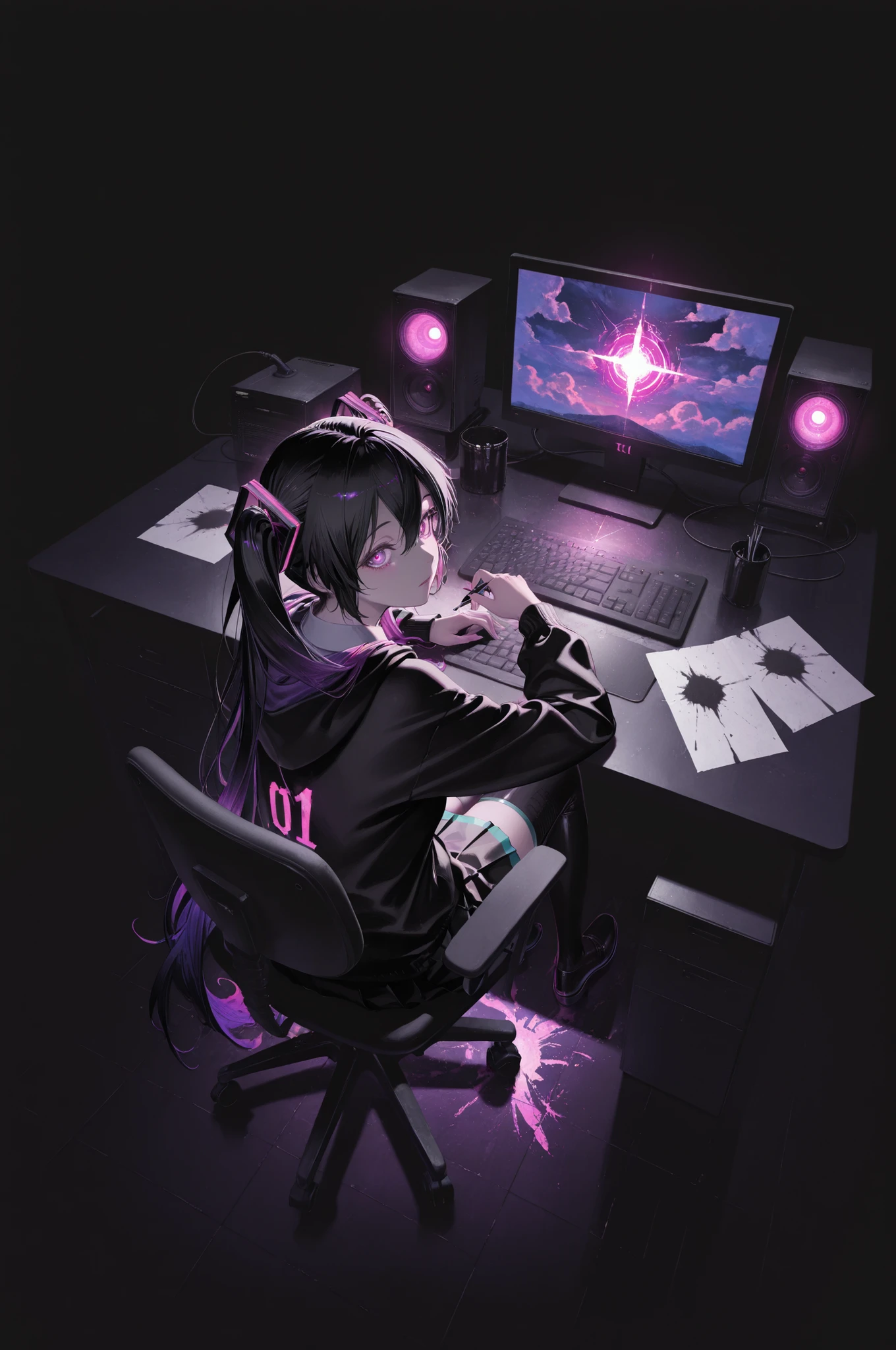 masterpiece,best quality,amazing quality,very aesthetic,absurdres,newest,impactful picture,official art,movie perspective,
(aos:0.5),(fajyobore:0.5),(chiaroscuro:0.5),,from_above,
1girl, magical light, eyes glow seductively,,black_hair,purple_eyes,computer desk,office_chair,leaning on the table.
dark, latest, vibrant color contrast, girl wearing fashionable clothes, back to, looking back, chaotic colors, misplaced light, messy lines, Ink painting, scrawled strokes,Hatsune Miku,limited palette,black background,colorful,vibrant,glowing outline,neon,blacklight,looking at viewer,from_side,, masterpiece,best quality,amazing quality,very aesthetic,absurdres,newest,scenery,impactful picture,official art,movie perspective,(WANKE:0.5),cute painting style,dark, from_below,The streets,the glowing tiles,neon colors,the clouds glowing with strange lights,the dazzling light,the turbid gas rising from the ground,the girl is still afraid to hide in the corner with her hands and feet,cute painting style,dark,
takami_masahiro, latest, Strong color contrast, girl wearing fashionable clothes, back to, looking back, from_above, chaotic colors, misplaced light, messy lines, Ink painting, scrawled strokes,