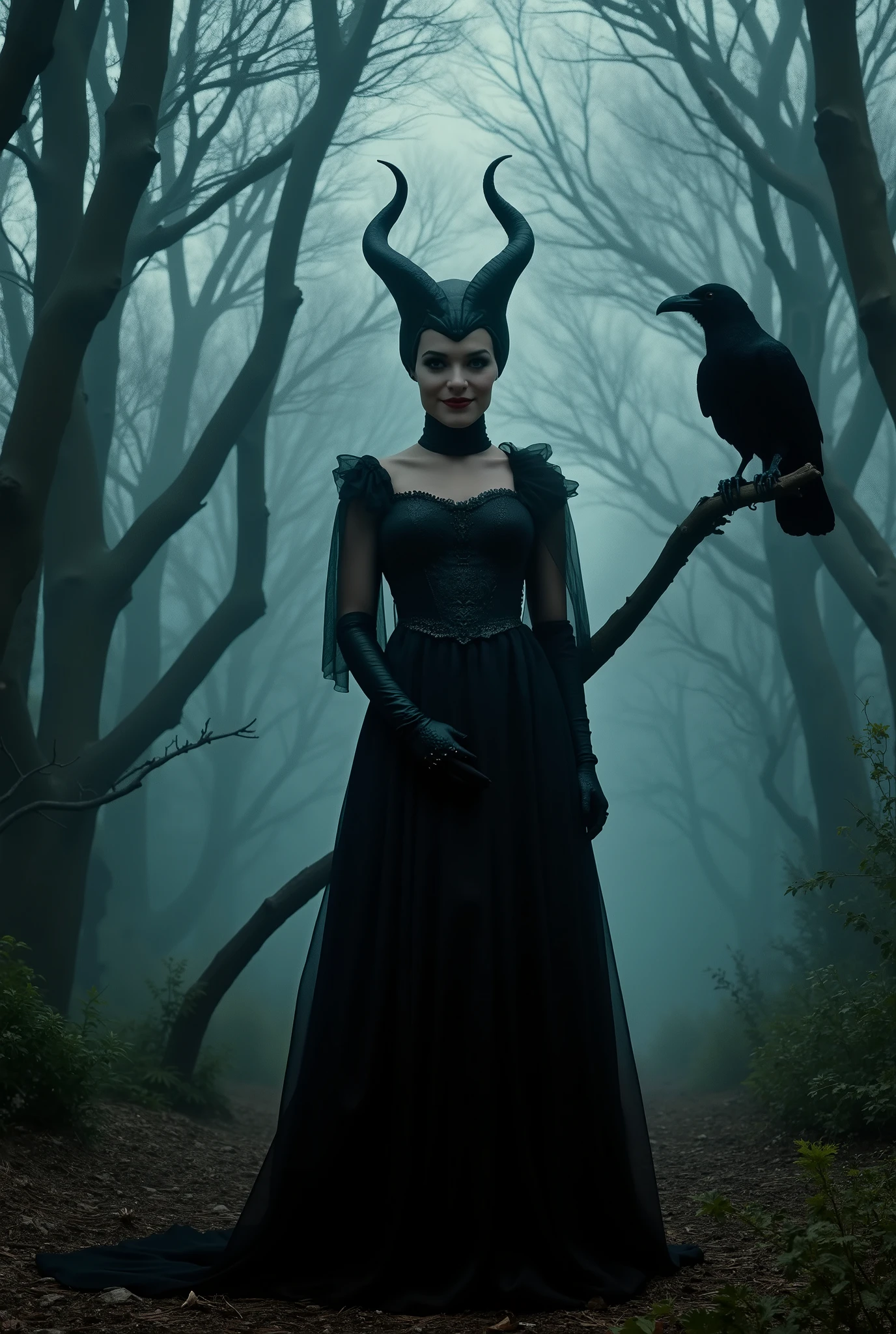 m4lefic3n7, 1 girl, solo, (masterpiece:1.0), (best quality:1.2) Full body view, the girl is standing in elegant pose, the girl is in a dense forest, evening, fog, ominous atmosphere, the girl looks directly at the viewer, the girl is grinning, her piercing gaze gives chills, a raven is sitting on a tree branch, (realism: 1.5), (realistic: 1.4), (Absurd:1.4), 8k, Ultra-detailed, detailed beautiful woman, official art, extremely detailed CG unity 8k wallpaper, perfect lighting, colorful, ultra-high resolution, Photography, 8k, HDR, Kodak Porta 400, Grainy film, unblurred background, lens, (bright_Color:1.2), professional photography. The photo should look like a movie poster and be in HD. Perfect shadows, correct lighting.