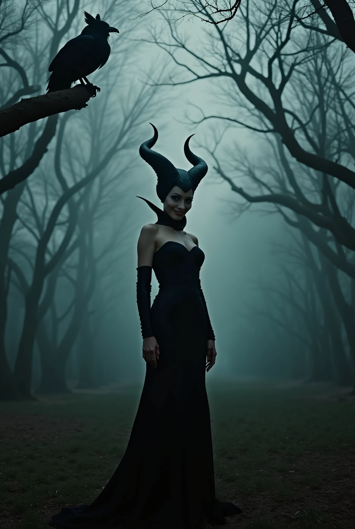 m4lefic3n7, 1 girl, solo, (masterpiece:1.0), (best quality:1.2) Full body view, the girl is standing in elegant pose, the girl is in a dense forest, evening, fog, ominous atmosphere, the girl looks directly at the viewer, the girl is grinning, her piercing gaze gives chills, a raven is sitting on a tree branch, (realism: 1.5), (realistic: 1.4), (Absurd:1.4), 8k, Ultra-detailed, detailed beautiful woman, official art, extremely detailed CG unity 8k wallpaper, perfect lighting, colorful, ultra-high resolution, Photography, 8k, HDR, Kodak Porta 400, Grainy film, unblurred background, lens, (bright_Color:1.2), professional photography. The photo should look like a movie poster and be in HD. Perfect shadows, correct lighting.