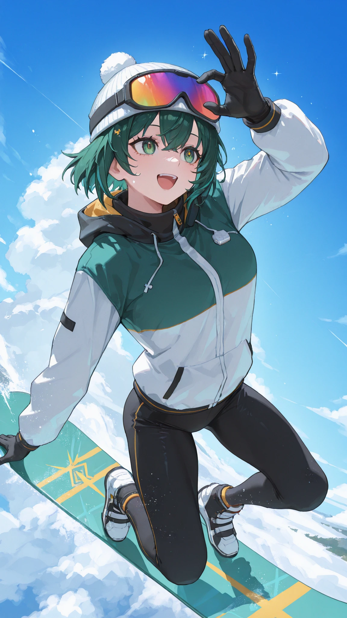 1girl, cosmotheseedrian, blue eyes, short hair, green hair, cone hair bun, shirt, short shorts, smile, standing, mountain, river
