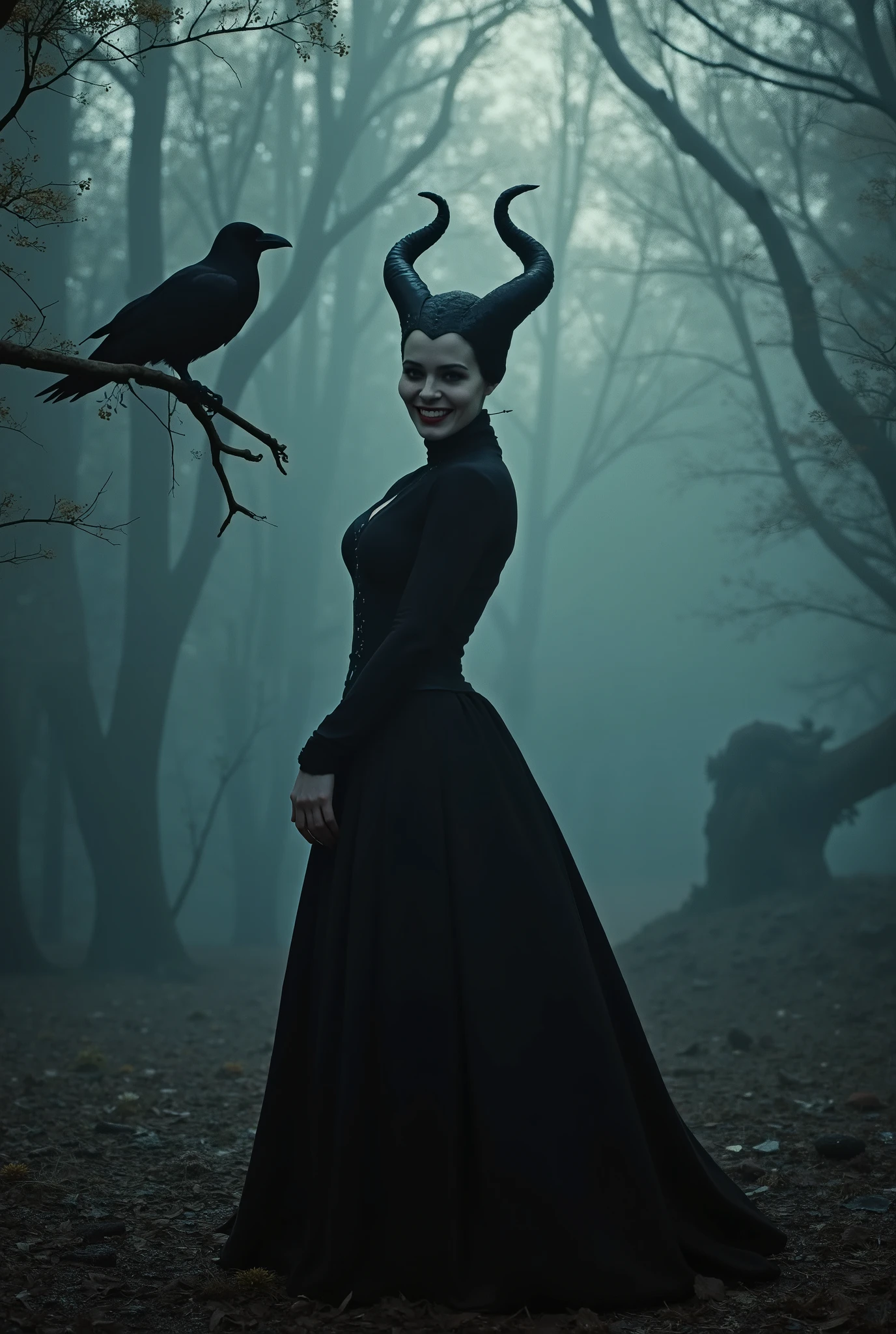 m4lefic3n7, 1 girl, solo, (masterpiece:1.0), (best quality:1.2), upper body view, the girl is standing in elegant pose, the girl is in a dense forest, evening, fog, ominous atmosphere, the girl looks directly at the viewer, the girl is grinning, her piercing gaze gives chills, a raven is sitting on a tree branch, (realism: 1.5), (realistic: 1.4), (Absurd:1.4), 8k, Ultra-detailed, detailed beautiful woman, official art, extremely detailed CG unity 8k wallpaper, perfect lighting, colorful, ultra-high resolution, Photography, 8k, HDR, Kodak Porta 400, Grainy film, unblurred background, lens, (bright_Color:1.2), professional photography. The photo should look like a movie poster and be in HD. Perfect shadows, correct lighting.