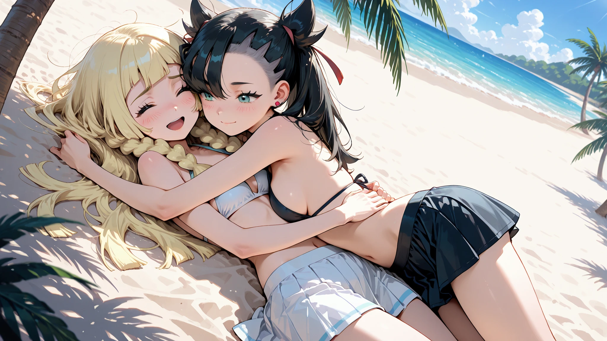 any girls with different skin tones, tongue on tongue, sucking each other, dripping wet, on beach, beach sex, tight, attractive, lesbian, touching each other, all bare.