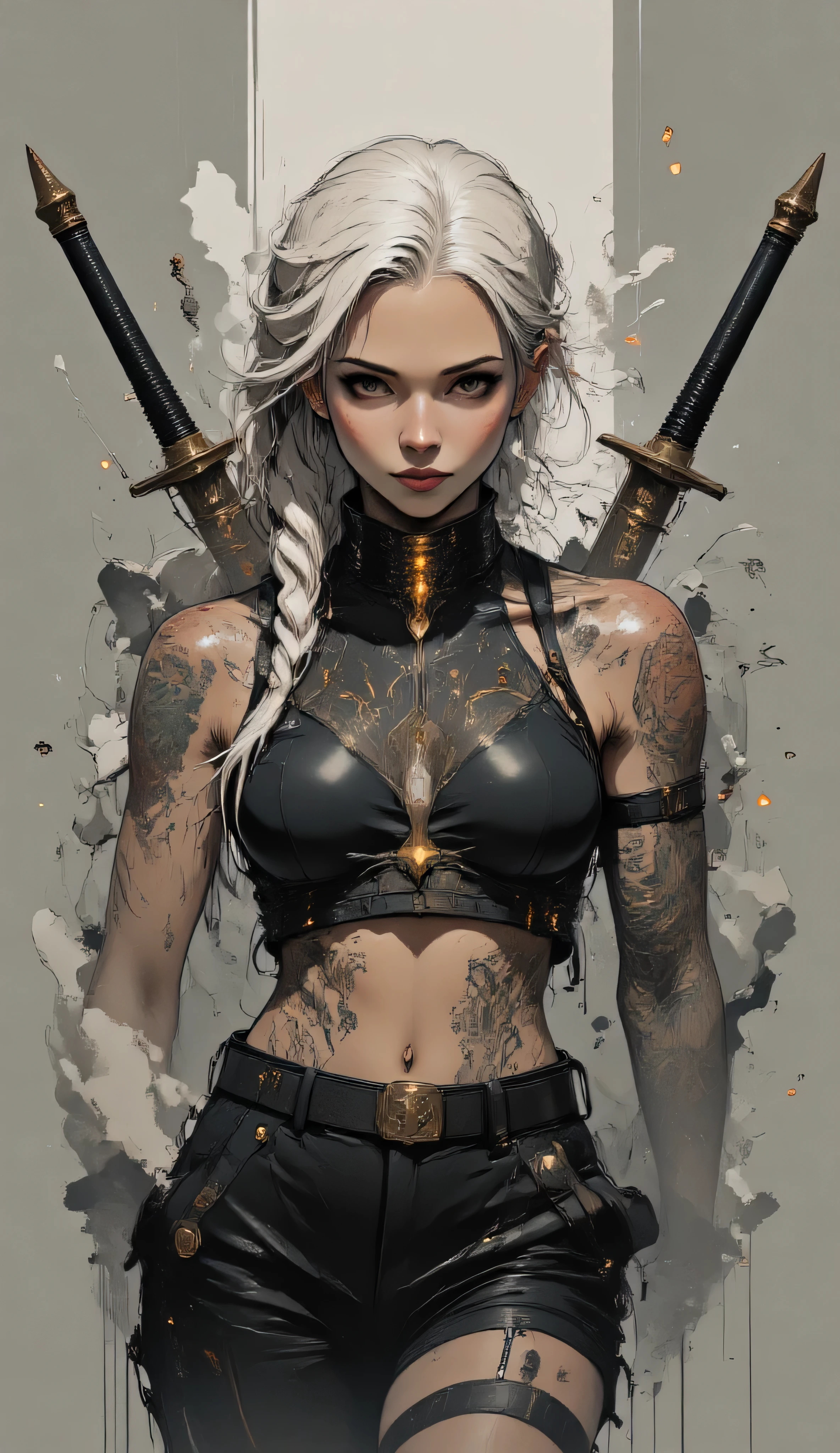 Score_9, score_8_up, score_7_up, A hyper-detailed digital illustration of a woman with long, flowing white braids. She has fair skin, a slender, athletic build, a visible navel piercing, and intricate tattoos covering her arms and torso. She wears a black, sleeveless top exposing her midriff, paired with a black skirt. Her expression is intense, with a faint, enigmatic smile. Behind her, she holds two long, razor-sharp swords crossed, their hilts decorated with ornate carvings and subtle glowing accents. The background is a gradient from deep gray to pale gray, veiled with faint mist and drifting smoke, creating a mystical and ethereal atmosphere. Every texture is finely rendered: the softness of her hair, the smoothness of skin, the metallic roughness of the swords, and the delicate glow of the crystals. The muted palette of grays, blacks, and whites enhances the gothic fantasy tone. The artwork has cinematic depth, strong contrast, and dynamic movement, blending fantasy and gothic elements with hyper-realistic painterly detail, in the same visual style as a high-end concept art illustration.