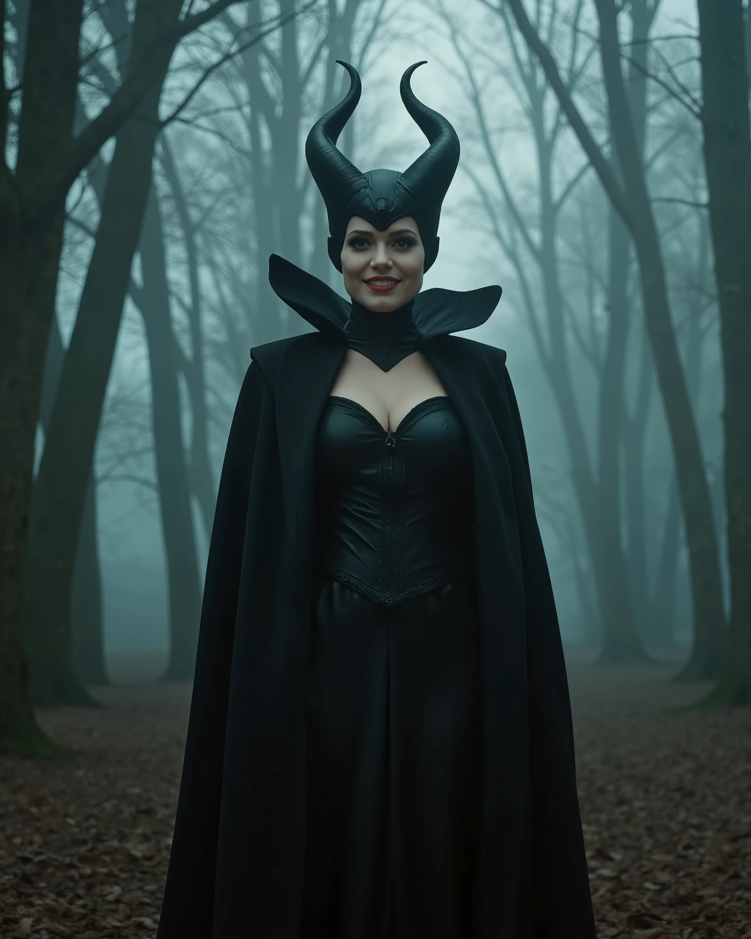 m4lefic3n7, 1 girl, solo, (masterpiece:1.0), (best quality:1.2) portrait, the girl is standing in elegant pose, the girl is in a dense forest, evening, fog, ominous atmosphere, the girl looks directly at the viewer, the girl is grinning, her piercing gaze gives chills, (realism: 1.5), (realistic: 1.4), (Absurd:1.4), 8k, Ultra-detailed, detailed beautiful woman, official art, extremely detailed CG unity 8k wallpaper, perfect lighting, colorful, ultra-high resolution, Photography, 8k, HDR, Kodak Porta 400, Grainy film, unblurred background, lens, (bright_Color:1.2), professional photography. The photo should look like a movie poster and be in HD. Perfect shadows, correct lighting.