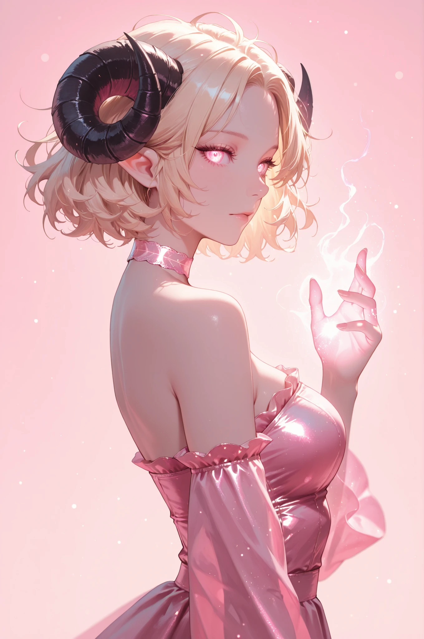 1girl, horns, solo, short hair, pointy ears, looking at viewer, blonde hair/pink at bottom hair, bare shoulders, upper body, sheep horns, , pink holographic eyes, dress, choker, curled horns, messy hair, detached sleeves, pink dress, nose, from side, ,sakura, eyelashes, looking to the side, strapless dress, demon girl, light particles, light pink background, backlighting, gradient background, bokeh, palm magic, forehead, glowing hand, masterwork, masterpiece, best quality, detailed, depth of field, , high detail, best quality, very aesthetic, 8k, dynamic pose, depth of field, dynamic angle, adult, aged up