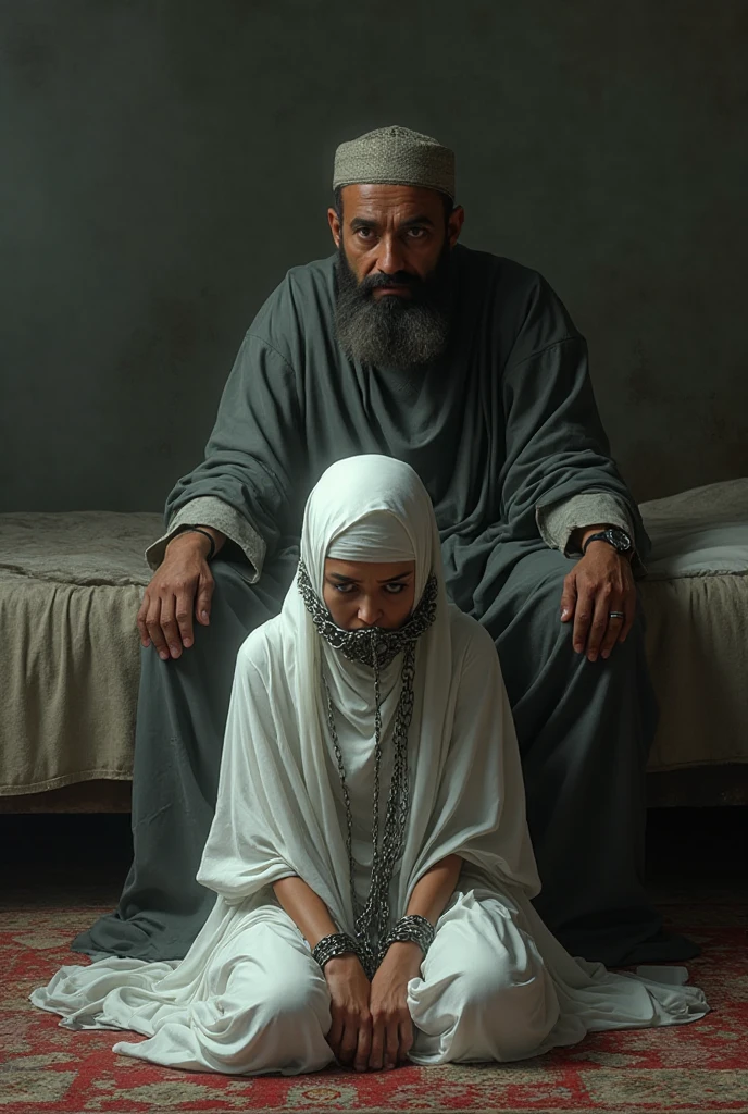 A dressed ugly man beating a pale skin kurdish girl in hijab  shoulder  arm breasts  in village room angry raged view from side 