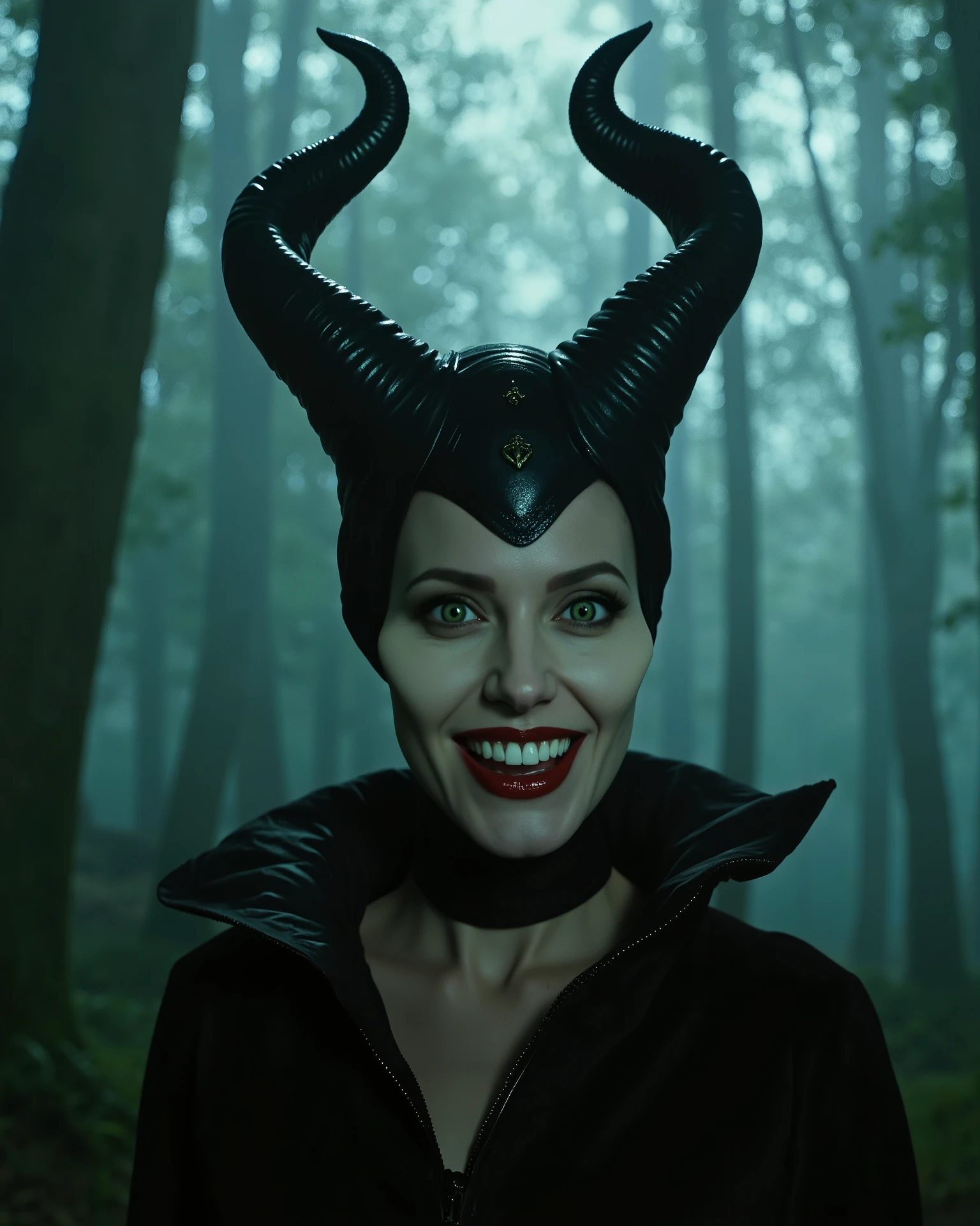 m4lefic3n7, 1 girl, solo, (masterpiece:1.0), (best quality:1.2) a mesmerizing portrait of Maleficent, green realistic eyes, the girl is in a dense forest, evening, fog, ominous atmosphere, the girl looks directly at the viewer, the girl is grinning, her piercing gaze gives chills, (realism: 1.5), (realistic: 1.4), (Absurd:1.4), 8k, Ultra-detailed, detailed beautiful woman, official art, extremely detailed CG unity 8k wallpaper, perfect lighting, colorful, ultra-high resolution, Photography, 8k, HDR, Kodak Porta 400, Grainy film, unblurred background, lens, (bright_Color:1.2), professional photography. The photo should look like a movie poster and be in HD. Perfect shadows, correct lighting.