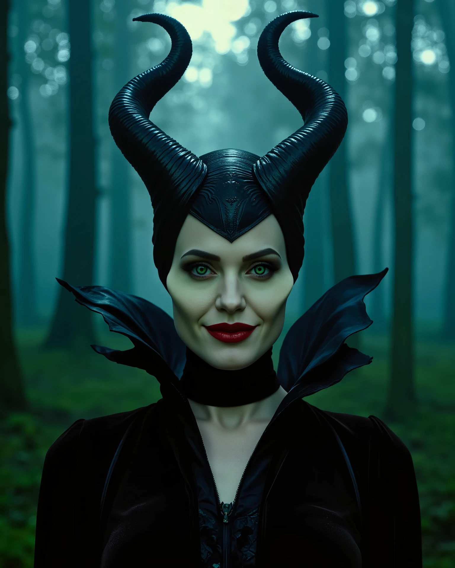 m4lefic3n7, 1 girl, solo, (masterpiece:1.0), (best quality:1.2) a mesmerizing portrait of Maleficent, green realistic eyes, the girl is in a dense forest, evening, fog, ominous atmosphere, the girl looks directly at the viewer, the girl is grinning, her piercing gaze gives chills, (realism: 1.5), (realistic: 1.4), (Absurd:1.4), 8k, Ultra-detailed, detailed beautiful woman, official art, extremely detailed CG unity 8k wallpaper, perfect lighting, colorful, ultra-high resolution, Photography, 8k, HDR, Kodak Porta 400, Grainy film, unblurred background, lens, (bright_Color:1.2), professional photography. The photo should look like a movie poster and be in HD. Perfect shadows, correct lighting.