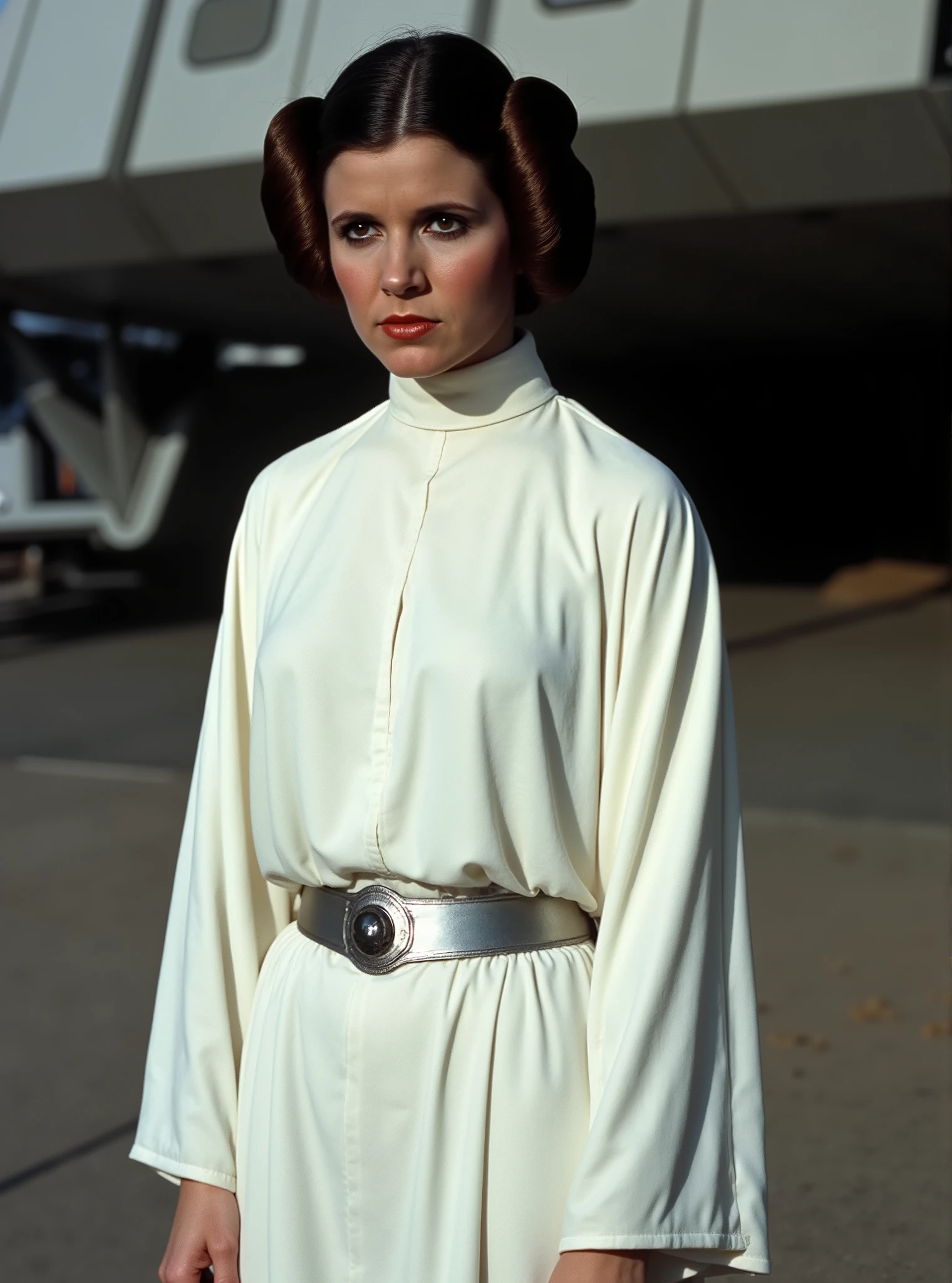 p3r1n, Carrie Fisher, to8contrast style, Carrie Fisher as Princess Leia in the Star Wars movie, (шедевр, наилучшее качество:1.2), 1 girl, solo, raw photo, realistic, detailed, Princess Leia - a white woman, The girl's hairstyle consists of dark brown hair tied in braids and curled on the sides of her head, which is typical for the inhabitants of the planet Naboo. A canonical dress, a loose floor-length dress with a high neck and wide sleeves. The snow-white outfit, combined with matching high boots and a silver belt, emphasized Leia's dignified and moral personality. the girl is looking at the camera, the girl stands in a model pose. Background: Deck of an Imperial Starship from the Star Wars universe. The photo should look like a movie poster and be in HD, 8K, and cinematic, highly detailed, with the right shadow and lighting.