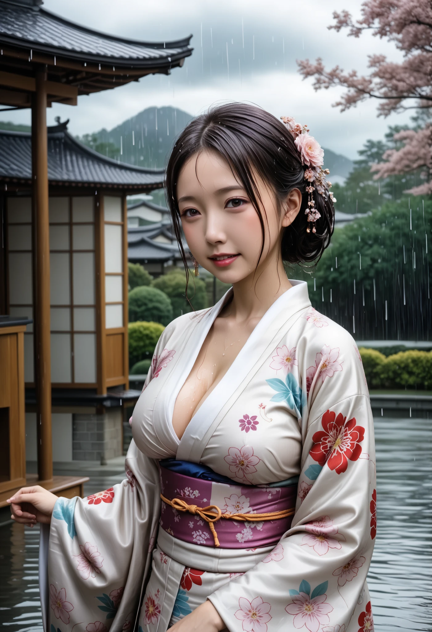 Highest Quality 、high quality 、 最High Precision、High Precision、8K quality、high image quality 、Highest Quality、 masterpiece 、immersive video、 very realistic image 、Realistic Painting、 perfect details 、 High contrast 、High Fidelity、 perfect photo without blur、close to reality、 full of details Reproduced image、 Detailed and REALISTIC WEAPON 、 exquisite and realistic human skin 、 realistic face in every detail、 Realistic eyes in detail 、 drawing realistic lips down to the smallest detail 、 detailed and real teeth、Real Ears、 Realistic Hair 、((Japanese Model))、((Beautiful mature woman))、((Madame))、((Adult face))、(( black hair))、((BIG BREASTS))、((slim and perfect mature body))、(((Wet skin all over )))、((traditional Japanese garden))、((Rain clouds spreading across the sky))、((Heavy Rain Weather))、(( downpour))、((Stormy wind and rain))、(((A kimono with a clear floral pattern,sexy kimono)))、(((雨に濡れたA kimono with a clear floral patternが肌にぴったりとフィットする))、(((雨に濡れたA kimono with a clear floral patternを通して彼女のボディーラインがはっきりと見える)))、(( Raindrops on a wet kimono ))、((( dynamic sexy pose )))、((((full body depiction)))、( subject close-up ))