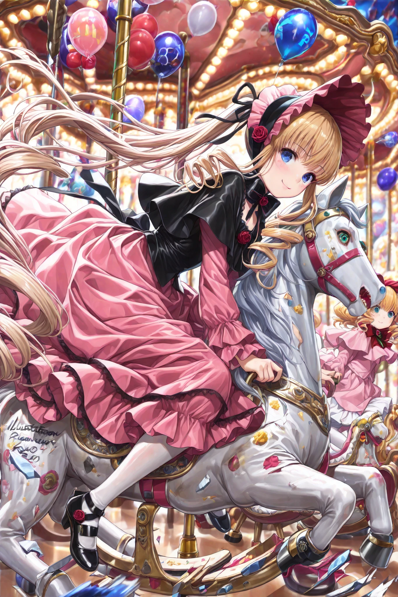 (language: Japanese、English)、(masterpiece)、(Highest Quality)、(High Score )、(high resolution)、

(horror、Modern European、(summer)、( Midnight )、(Moonlight)、(Outdoors)、,BREAK,2girl,Uncensored,),

((Two girls playing on the merry-go-round), (The lights are off. A dark amusement park),,,((riding carousel,Broken and Dirty Rocking Horse)), ((multiple girls)), ((leaning forward)), sitting astride, party balloon, ferris wheel,,,(Old and repaired stuffed toys),,,（anatomically accurate）、),

((wind effect,（暗い背景にMoonlightだけが少女の体をスポットライトのように照らす）、,BREAK,(illustration), (Hair flowing in the wind), (hairdetailer:1.5),[(selective blur, sharp character, slightly blurred background elements),:1.4)][(low brightness:1.2)],))
 
(mature woman,shinku,Long blonde hair, twin tails,capelet, dress, bonnet, bow, ribbon, white pantyhose, shoes,black pamps,Gold trim deress, gold embroidery dress, lace,Very gorgeous dress,Eye highlights,(flat chest),(petite),),((smile),tareme,)[sideways glance:],[cowboy shot:2.5],[from side:1.5],

(suigintou,Black dress, long dress, headdress, white skirt),

((hinaichigo,curly hair,pink dress,ribbon,big Head ribbon),),
