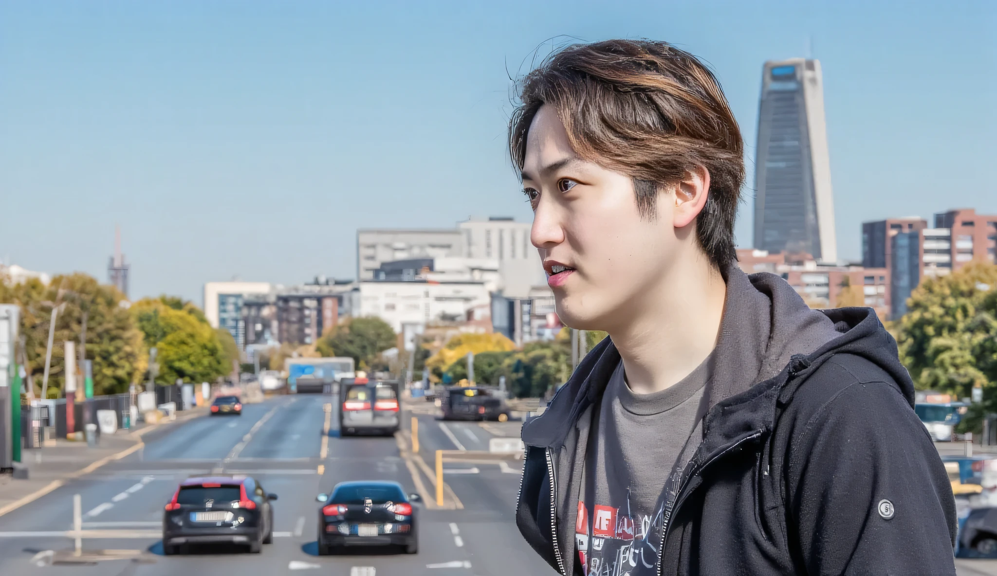 handsome man, side view, photorealistic, visible face only, ultra high resolution, ultra sharp detail, city background, natural skin texture, realistic hair strands, soft lighting, medium shot, portrait orientation, high dynamic range, clean composition, transparent face overlaying city, double exposure, artistic, creative, innovative, urban landscape, detailed buildings, clear blue sky, Gherkin building, London Bridge, realistic water reflection.