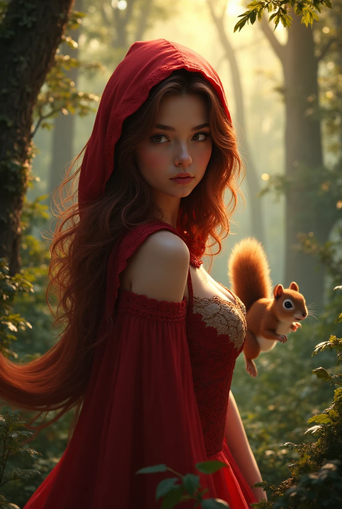 Ultra-realistic cinematography in 8K ultra-high definition, with precise anatomical details and composition following the golden ratio.
A strikingly beautiful woman with tanned skin and long, wavy red hair sits on a thick, twisted tree branch in the middle of a forest bathed in soft, diffuse light filtering through the leaves. She is wearing a blue  with red accents, matching , and sheer white thigh-high stockings. She is wearing dark blue high heels. Her body is slightly , with one leg  the branch and the other extended. With her left hand, she holds a red apple close to her parted lips, as if she is about to take a bite. Her gaze is  and directed at the camera.
Three squirrels surround her: one in the background on a higher branch, another next to her, and a third near her feet. The scene is a magical forest with softly blurred foliage in the background (bokeh effect). The camera is positioned slightly below her (a subtle low-angle shot), about 2 meters away, capturing her entire body in focus with a cinematic depth of field. The image should have a realistic style, detailed skin texture, soft lighting, natural shadows and ultra-high resolution (8K).