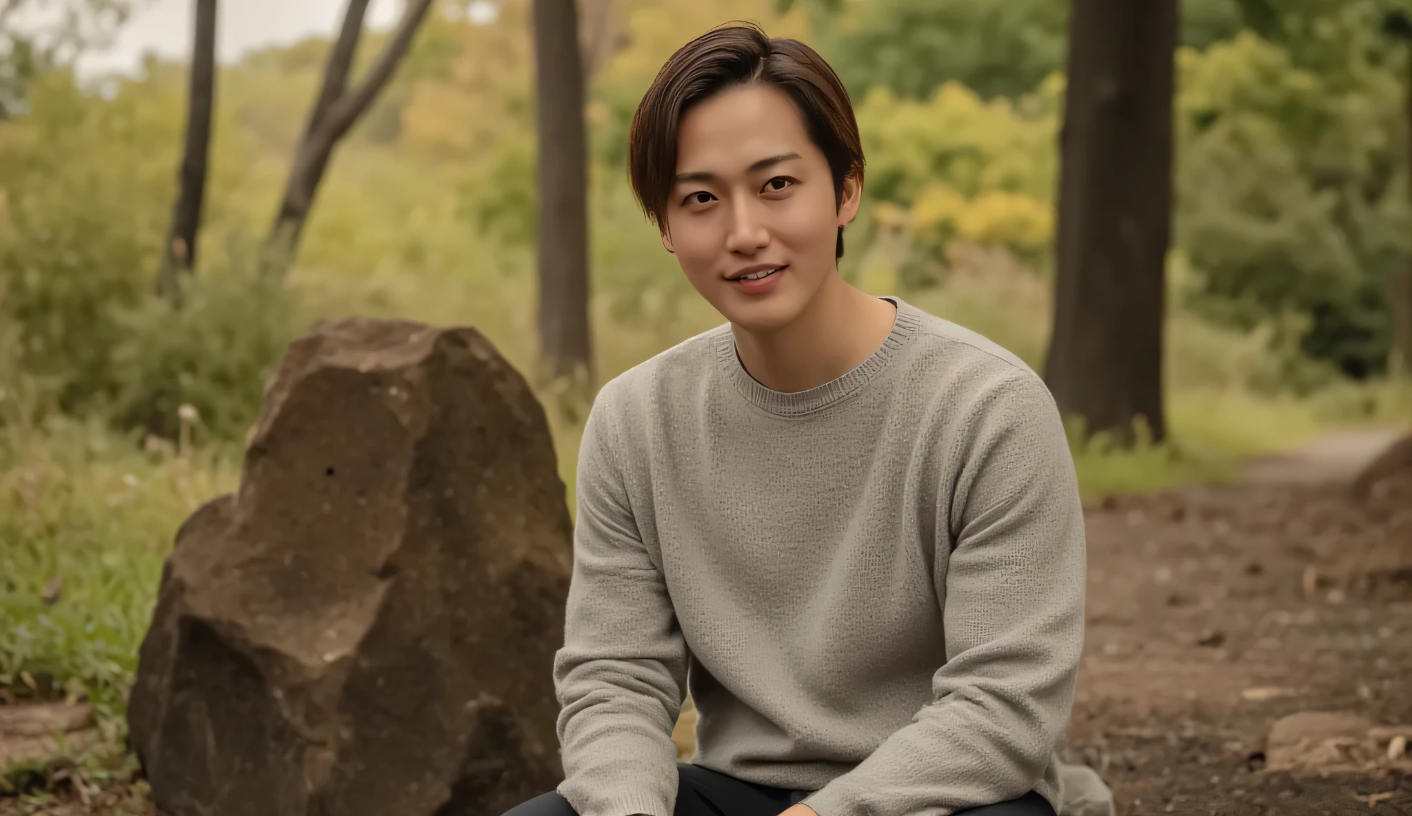 handsome man,
forest,
sitting,
wearing a cozy knit sweater,
wearing flare denim pants,
facing camera,
ultra high resolution,
ultra sharp detail,
photorealistic,
8k,
cinematic lighting,
golden hour soft light,
soft rim light,
shallow depth of field,
bokeh background,
medium shot,
natural skin texture,
highly detailed fabric texture,
realistic hair strands,
warm color grading,
subtle film grain,
award-winning photography style,
85mm lens,
f/1.8,
portrait orientation,
high dynamic range,
clean composition,
calm confident expression