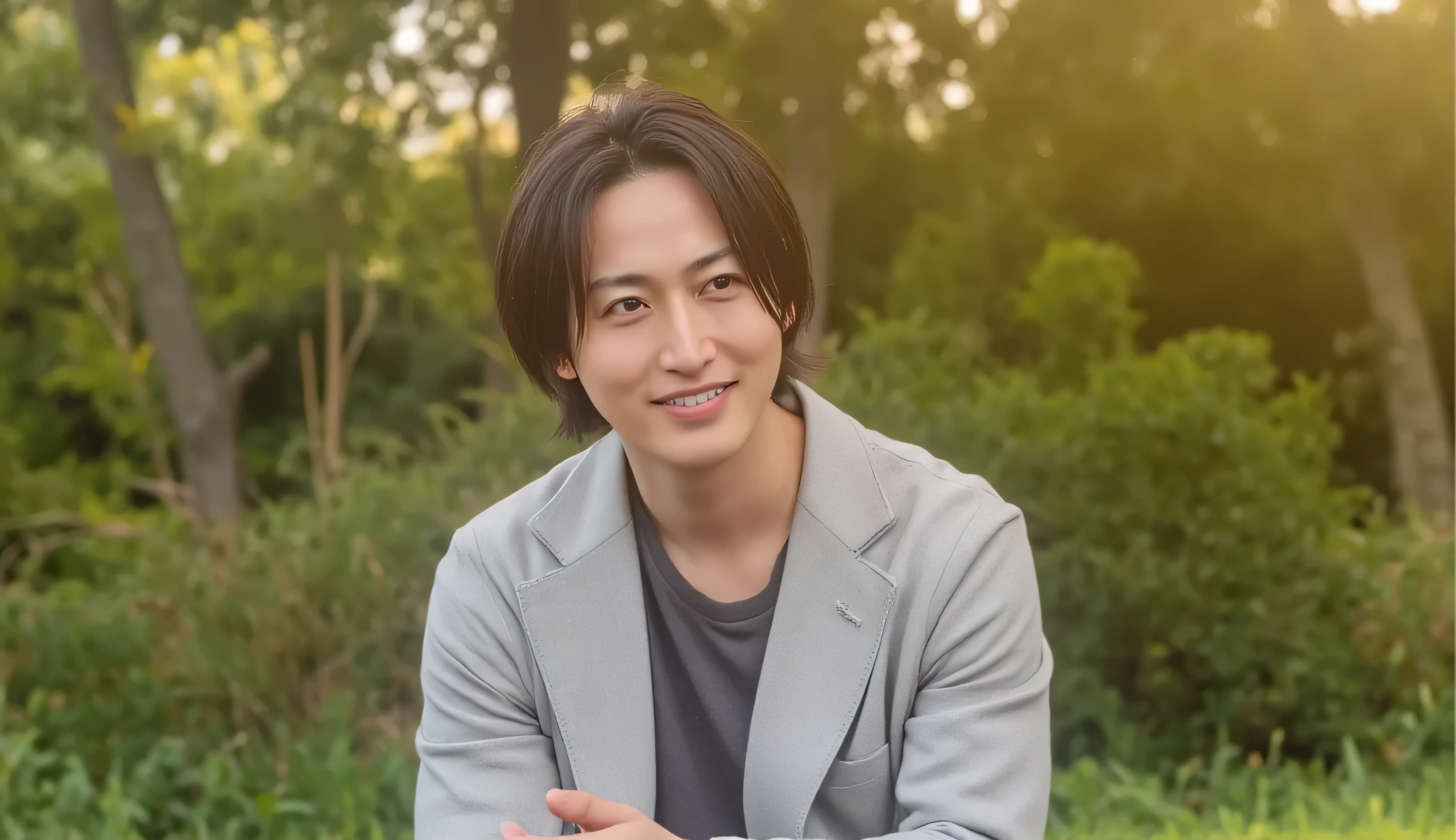 handsome man,
forest setting,
standing,
sitting,
knit top,
flare denim pants,
facing camera,
ultra high resolution,
ultra sharp detail,
photorealistic,
8k,
cinematic lighting,
golden hour soft light,
soft rim light,
shallow depth of field,
bokeh background,
medium shot,
natural skin texture,
highly detailed fabric texture,
realistic hair strands,
warm color grading,
subtle film grain,
award-winning photography style,
85mm lens,
f/1.8,
no watermark,
portrait orientation,
high dynamic range,
clean composition,
calm confident expression.