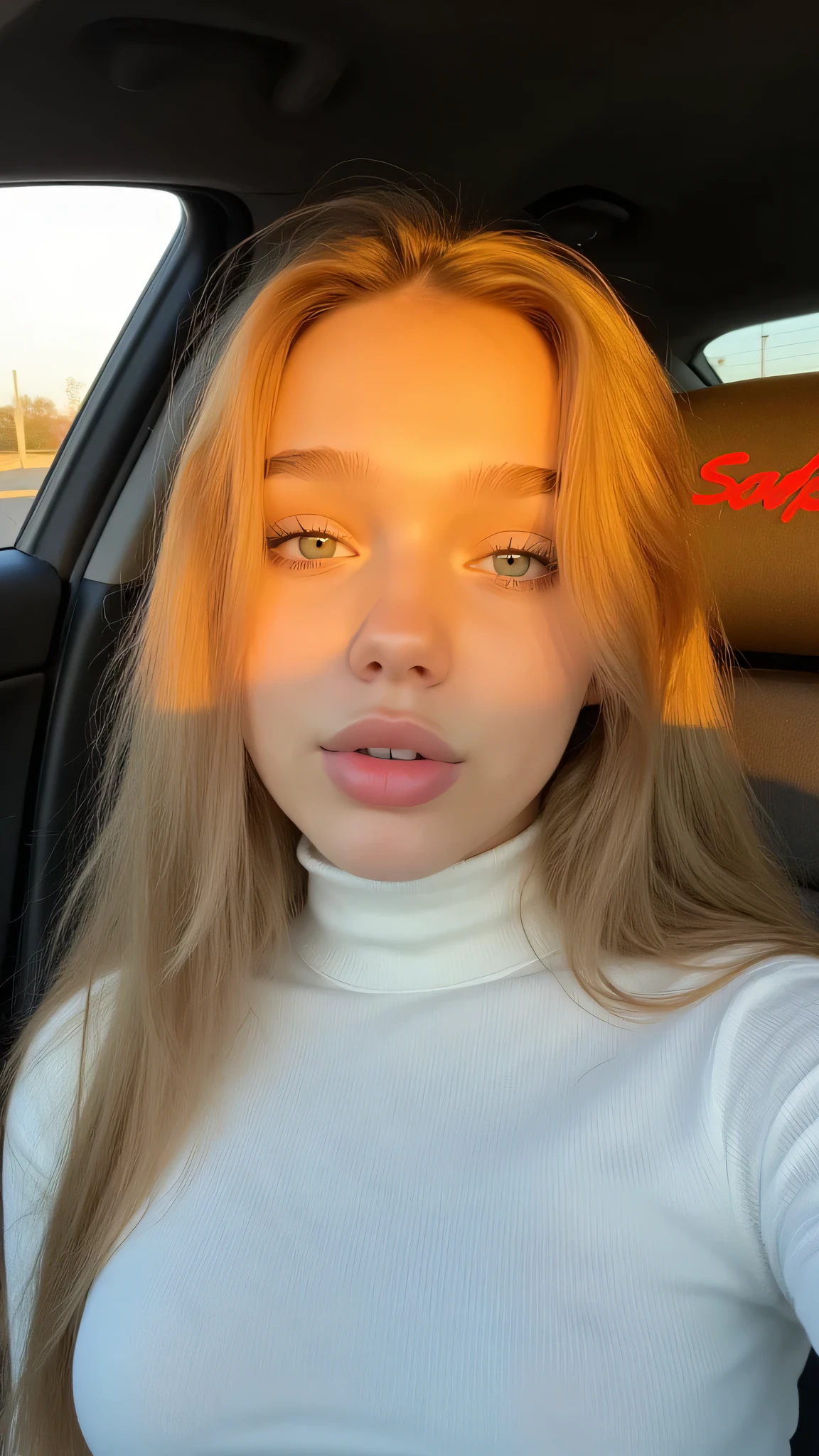 A young, fair-skinned woman, appears to be in her early twenties, positioned inside a vehicle, gazing directly at the viewer. Her hair is long, and blonde, catching the warm, golden light that illuminates her face and hair. Her eyes are strikingly blue. She wears a white, long-sleeved, turtleneck-style top, its simplicity contrasting the vibrant light play. Her lips are full and a delicate shade of pink. Her expression is one of subtle allure. The lighting, likely from the setting sun, creates dramatic shadows and highlights, enhancing the textures of her hair and skin. The background, blurred, shows the interior of a car, with glimpses of a red logo on the headrest. The camera angle, a close-up shot, emphasizes the woman’s features. The image carries a naturalistic aesthetic, conveying warmth and tranquility. The image has a slight golden glow.
