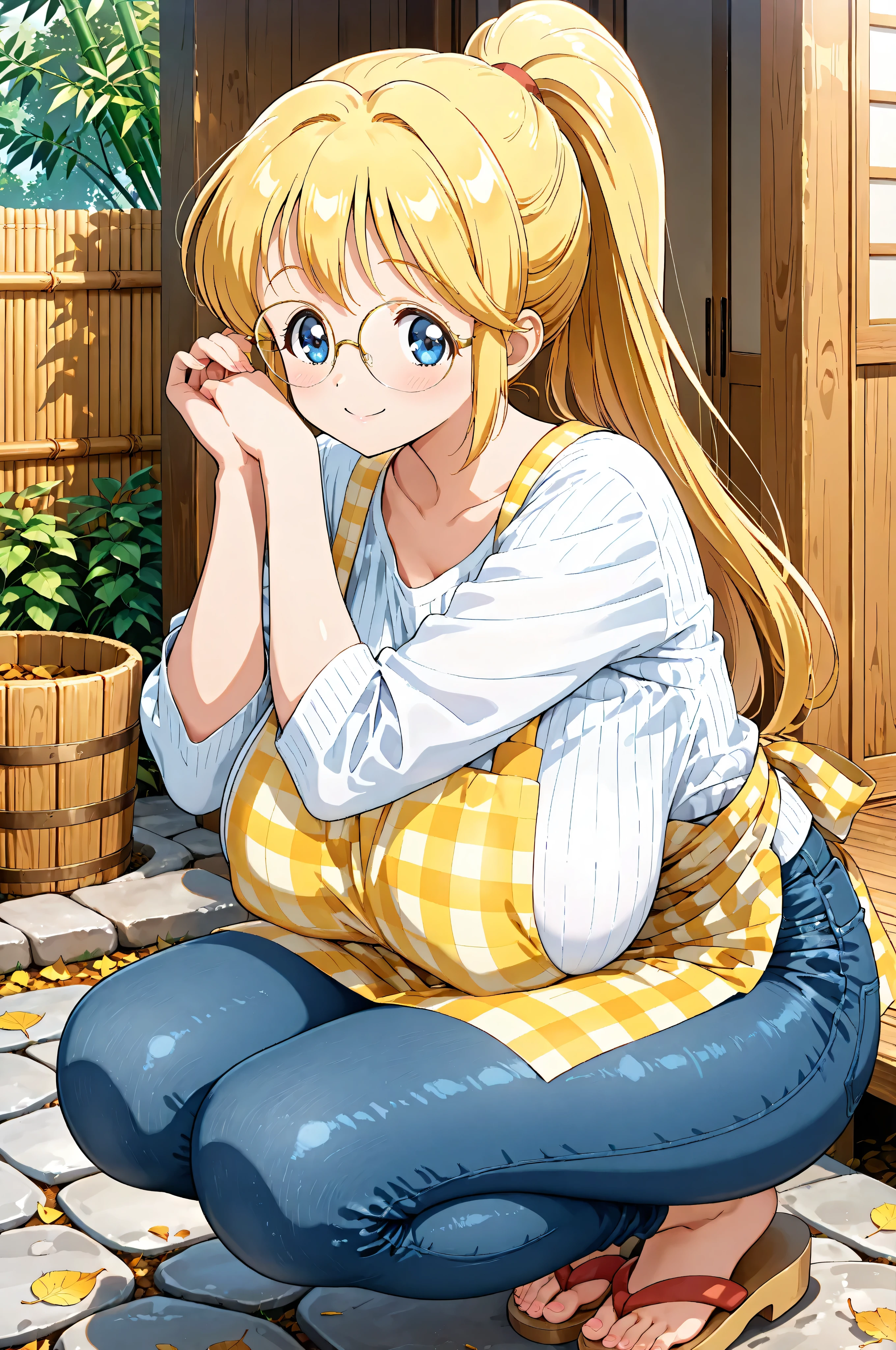 A cozy autumn home garden, crouching and facing forward, Sensei Luna, very long yellow ponytail, detailed blue eyes, perfectly round metal-framed glasses, smiling happily, white three-quarter sleeve shirt with ribbed cuffs, yellow checkered apron tied at the back, tight jeans, sandals, very large sagging breasts, fabric stretched and wrinkled around the chest, natural folds and tension in clothing, hands with correct anatomy and five fingers, no accessories, detailed face and hands, anime style coloring, cel shading, clean lines, warm and homely atmosphere, fallen leaves, small trees, neatly trimmed bushes, wooden veranda, bamboo fence, natural stone path, wooden bucket, clay pots, traditional Japanese garden elements, solo character, front view, bust shot, high quality, expressive details
