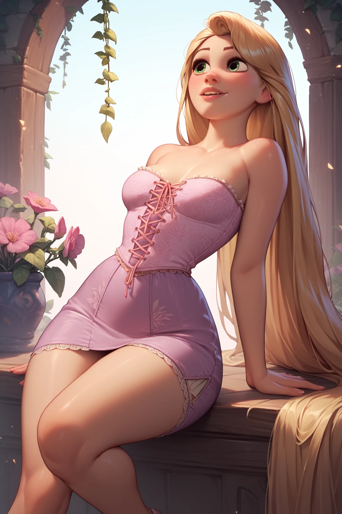score_9, score_8_up, score_7_up, score_6_up, AuroraXLP , pink dress, fluffy skirt, bright dress, princess, tiara, purple eyes, sexually suggestive, nsfw, medium breasts, narrow waist, wide hips, thick thighs, looking at viewer, cartoon,cute,solo, forest, lake, magic vibe, castle, disney, dutch angle, realistic,5 toes, black toes nails, tied ankles together, tied arms, Focus full body, Sit on a chair, with no shoes 
 