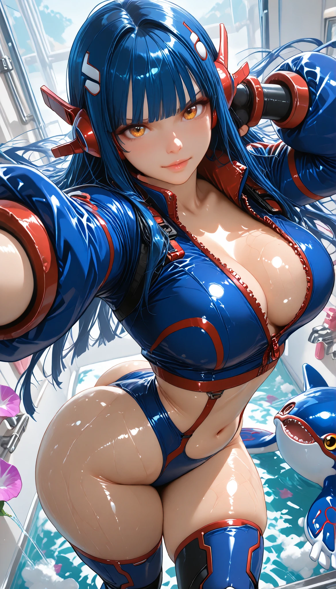 1girl, solo, solo focus, Monster Girl, Personalization, Kyogre Personalization, Kyogre Motif Clothes, Gauntlet, Shin guards, Tactical Boots with Gloves,
revealing clothes, Flashy clothes, not cute, Bodysuit, Futuristic Armor, sexy body, 
medium breasts, and the big butt, Round ass, thick arm, thighs are thick, 
stomach, belly button, eye trail, 
dynamic pose, Satu Pose, battle pose,
skindentation, Deep Skin, Double-sided fabric, 
Rainbow, dispersion, refraction, anaglyph,  Color Difference, Neon Palette, Vivid Color, Sparkling, light, 
Dutch angle, from above, perspective, shortening,  
masterpiece, Highest Quality, Newest, absurd, high resolution, (shiny skin:1.3, Brown Skin:1.3), morning glory style, Soap Style,