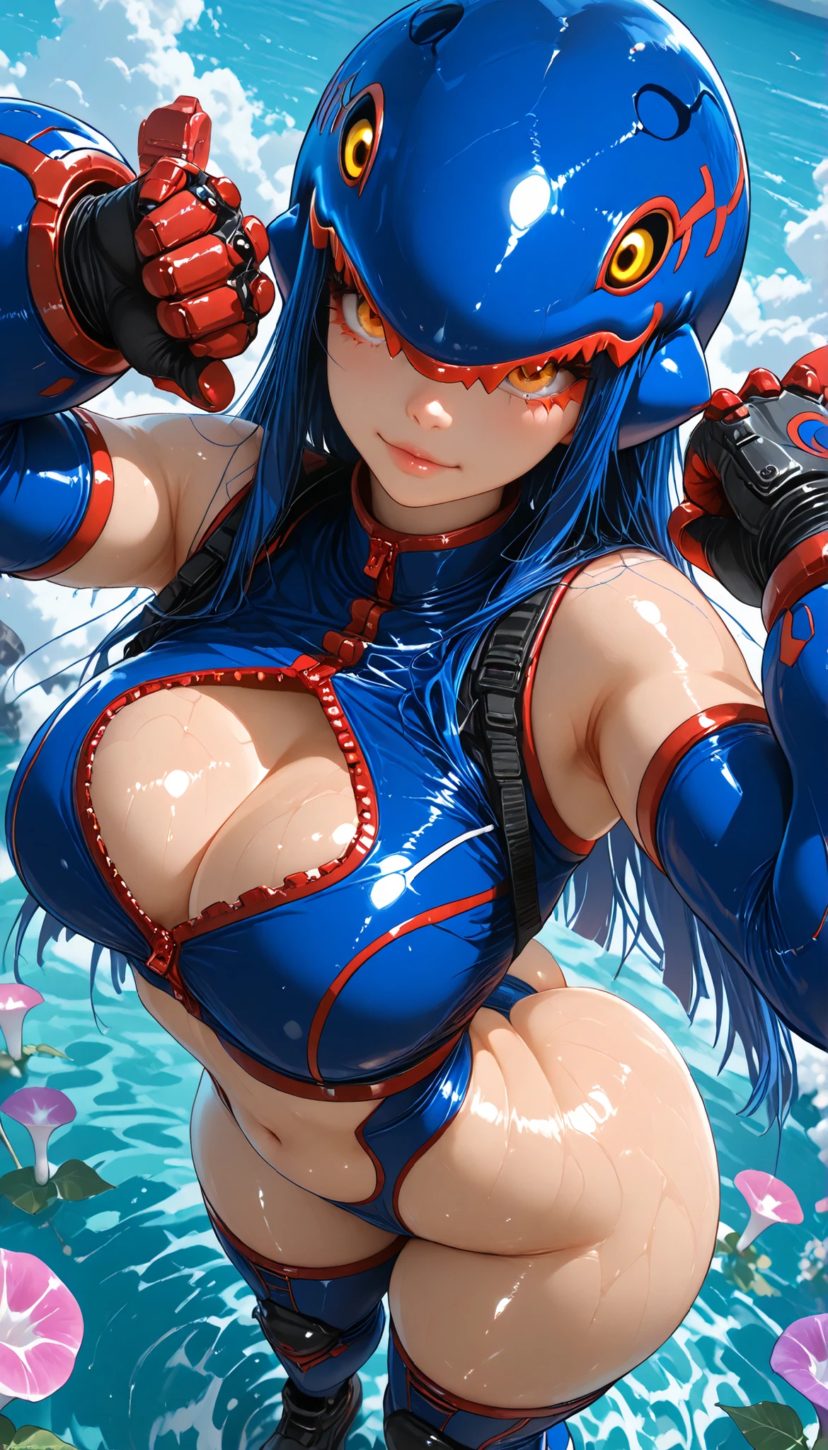 1girl, solo, solo focus, Monster Girl, Personalization, Kyogre Personalization, Kyogre Motif Clothes, Gauntlet, Shin guards, Tactical Boots with Gloves,
revealing clothes, Flashy clothes, not cute, Bodysuit, Futuristic Armor, sexy body, 
medium breasts, and the big butt, Round ass, thick arm, thighs are thick, 
stomach, belly button, eye trail, 
dynamic pose, Satu Pose, battle pose,
skindentation, Deep Skin, Double-sided fabric, 
Rainbow, dispersion, refraction, anaglyph,  Color Difference, Neon Palette, Vivid Color, Sparkling, light, 
Dutch angle, from above, perspective, shortening,  
masterpiece, Highest Quality, Newest, absurd, high resolution, (shiny skin:1.3, Brown Skin:1.3), morning glory style, Soap Style,