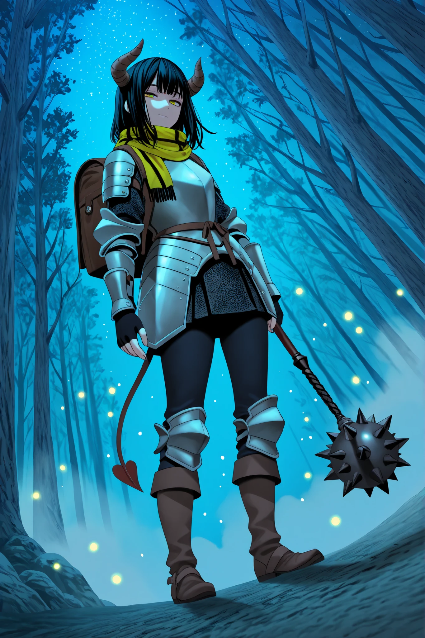 1girl, (plate armor), torso armor, solo, demon girl, brown horns, (spiked horns), straight horns, black hair, medium hair, straight hair, bangs to the side, yellow eyes, calm, light smile, emotionless, half-closed eyes, brown demon tail, small breast, standing, hand on mace handle, beige clothes, black pants, brown boots, yellow scarf, torn scarf, black gloves, fingerless gloves, brown backpack, mace, holding mace, weapon towards the ground, 3/4 angle, rambler, dust road, night, dark, castle at background, forest, (fireflies lights), stars, low angle, looking at viewer, best quality,