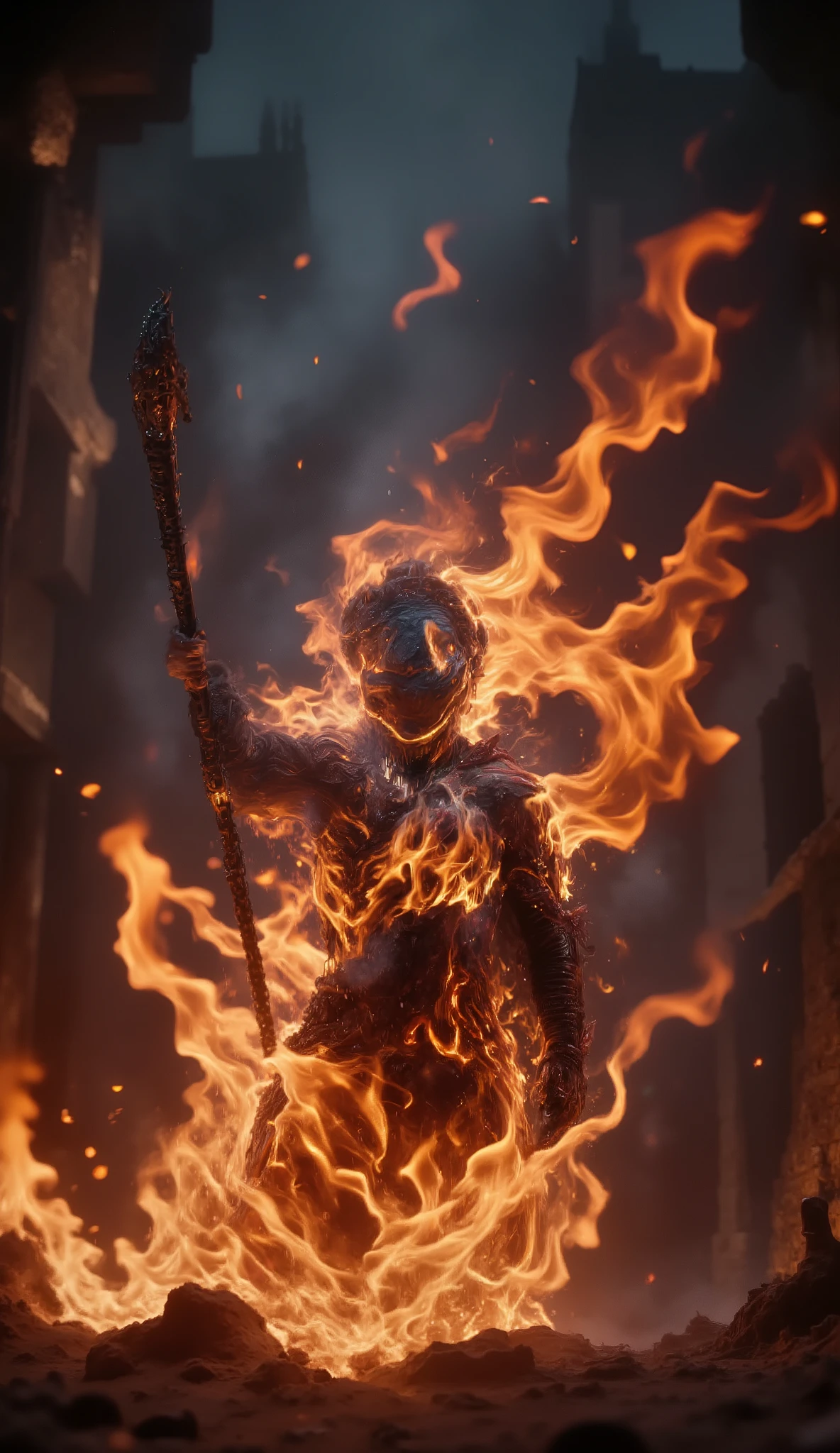 Medieval Ghost Rider, topless warrior engulfed in fire, muscular and scarred chest glowing with embers, skeletal flaming skull instead of head, riding a demonic medieval horse covered in chains and molten armor, blazing whip in hand, dark gothic battlefield background, cinematic lighting, hyper-detailed, dramatic, epic, infernal aura