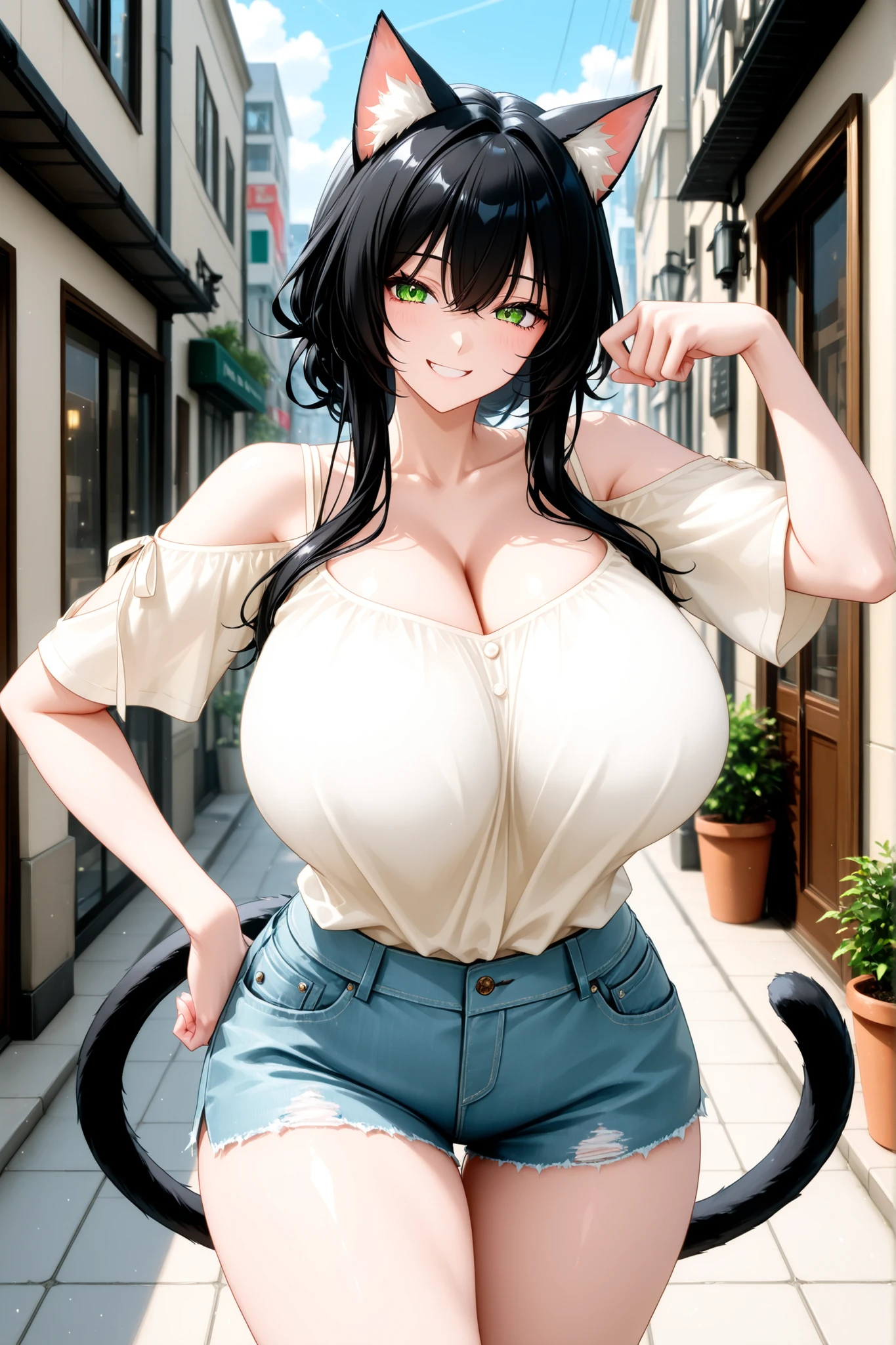 1 girl, giant , standing, smiling, posing, casual clothes, cat ears, cat tail, cargirl , highres