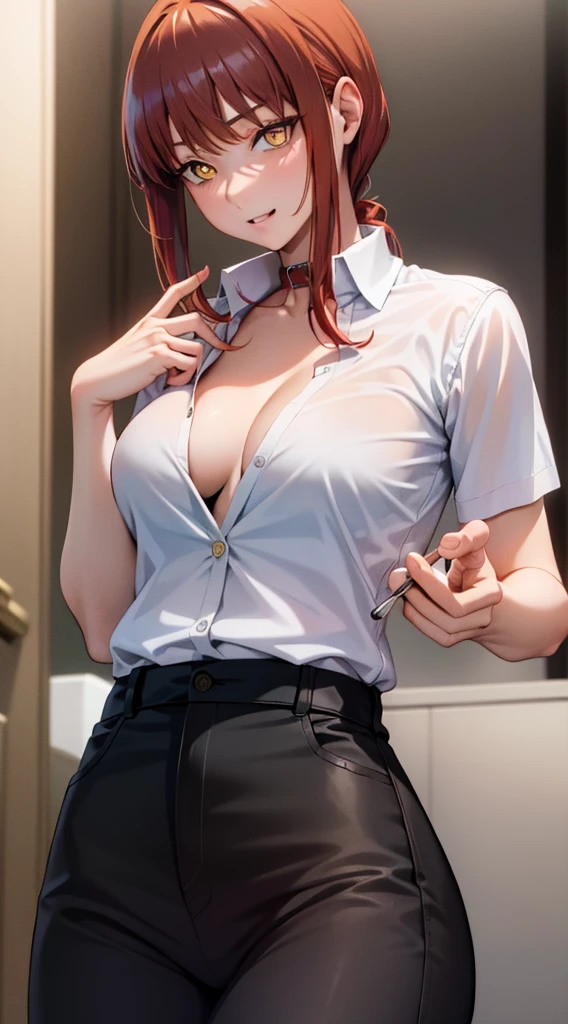 (masterpiece, best quality:1.2), solo, 1girl, red hair, yellow eyes, makima,, unbuttoned shirt with collar, on the ?????, a lot of, black unbuttoned pants, wide ????,