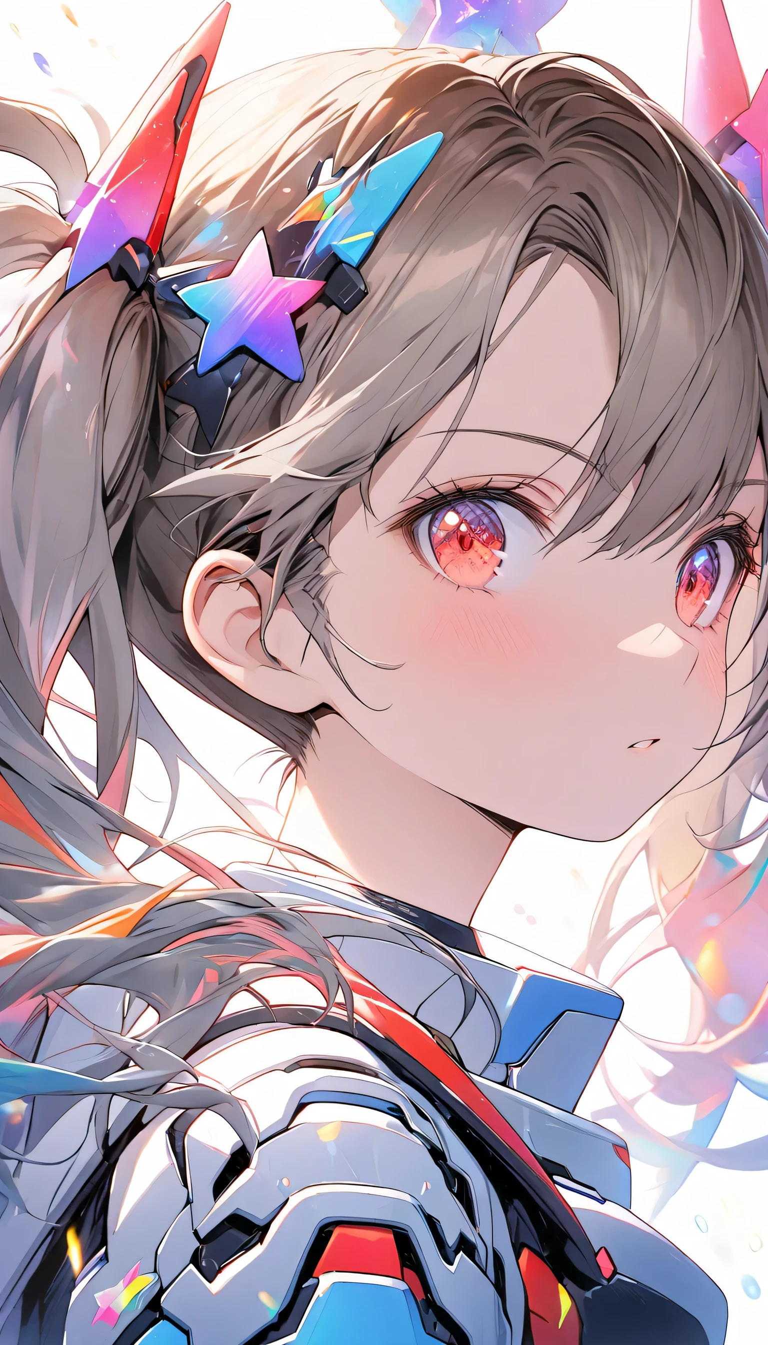 girls who ripped their clothes,  1 person has brown hair and red eyes., Gray hair and blue eyes   ,  twin tail, long hair, white background ,   colorful pastel stars  , light, high image quality , Mecha Girl,  colorful portrait 