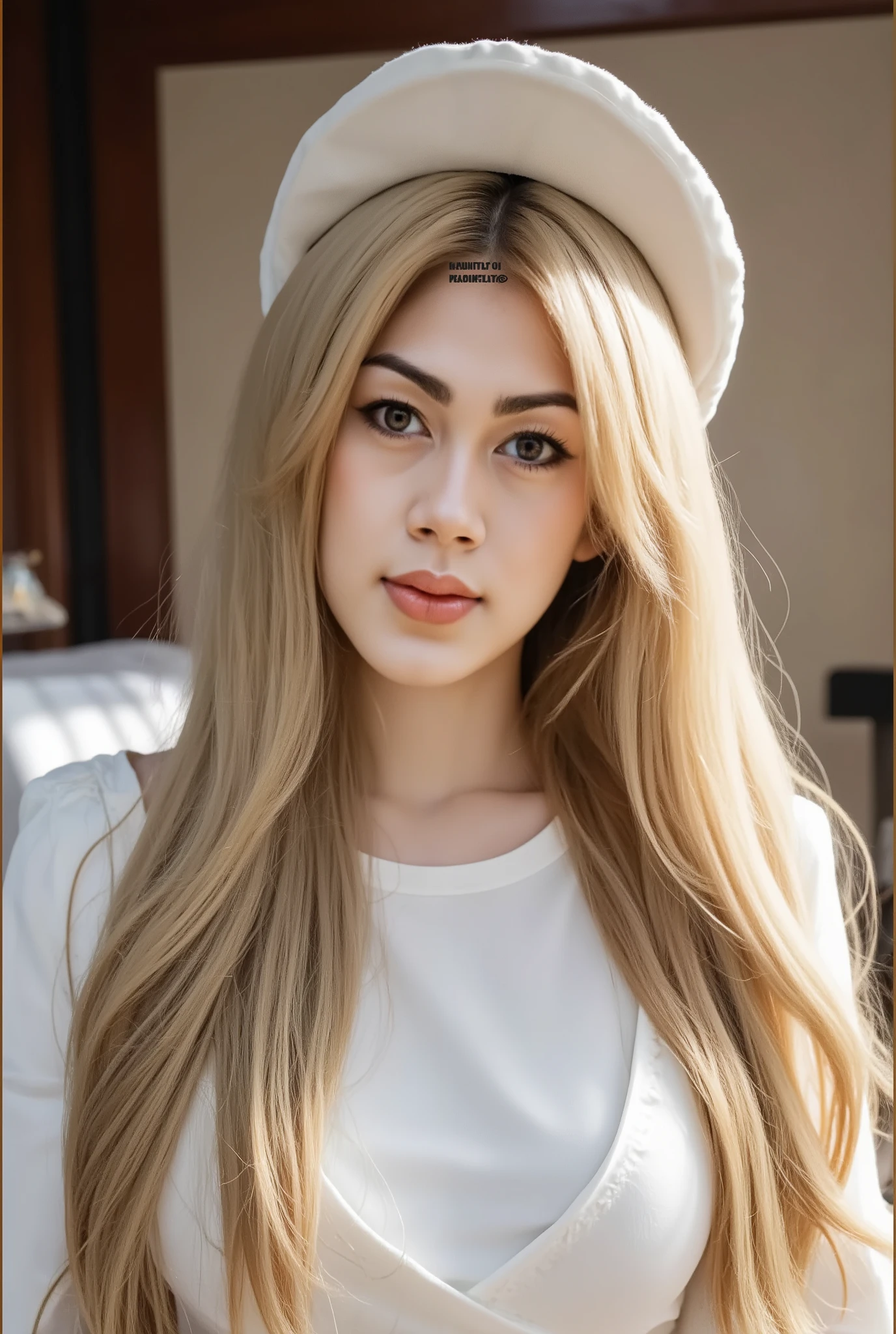 (masterpiece, best quality, 8k, RAW photo, beautiful and aesthetic:1.2),complex detail,ultra-detailed,(realistic skin), (((full body is in the frame))),Close-up of a long blonde hair woman wearing a hat, Larisa Manovar, Ulzzang, 8K Selfie, Lalisa Manoban of Blackpink, Long blonde hair, Very cute face, Long blonde hair and big eyes, long hair, Korean Girls, Cute natural anime face, Real life anime girls, Nam Jae-young、Full body photo、Include the entire body in the frame