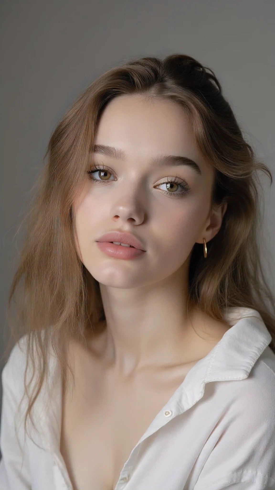 Close-up portrait of a young woman of northern European origin, probably in her twenties. lips are naturally plump, soft pink. She has long wavy blond hair, with loose curls, framing the face, soft lighting. Her ears are small gold hoop earrings. She is wearing a snow-white loose shirt with a collar, slightly unbuttoned at the neck. Soft ambient lighting creates soft shadows and highlights, creating a warm, cozy atmosphere . The background is plain, neutral , light grey, which allows her to focus on her subject. Overall mood — serene beauty and easy introspection. The composition is centered, symmetrical, with a shallow depth of field, focusing on the face and eyes of a woman. The image evokes a sense of calm and timeless aesthetics.