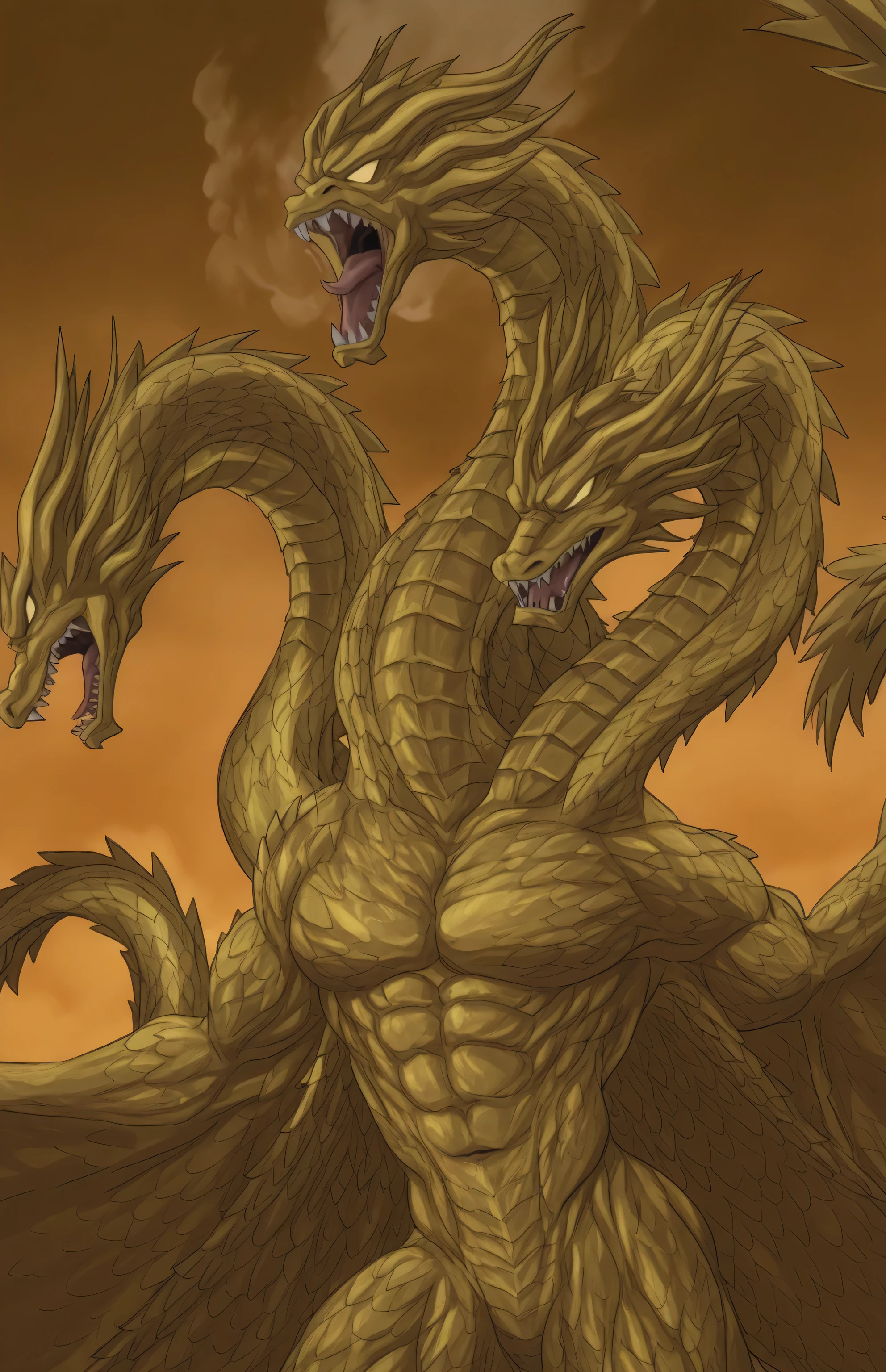 1monster, male, solo, King Ghidorah, three-head dragons, gold skin, big muscle, Fairy Tail style,