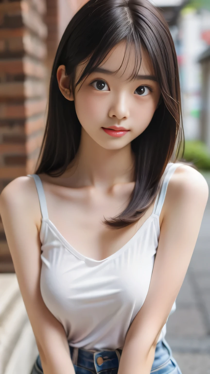 Bang、beautiful breasts、 camisole 、 protruding nipples、dark eyes、staring at the camera、surprised expression、