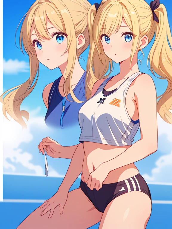 Cute dirty blonde haired girl in short tennis shorts wearing a tennis hat and a training bra