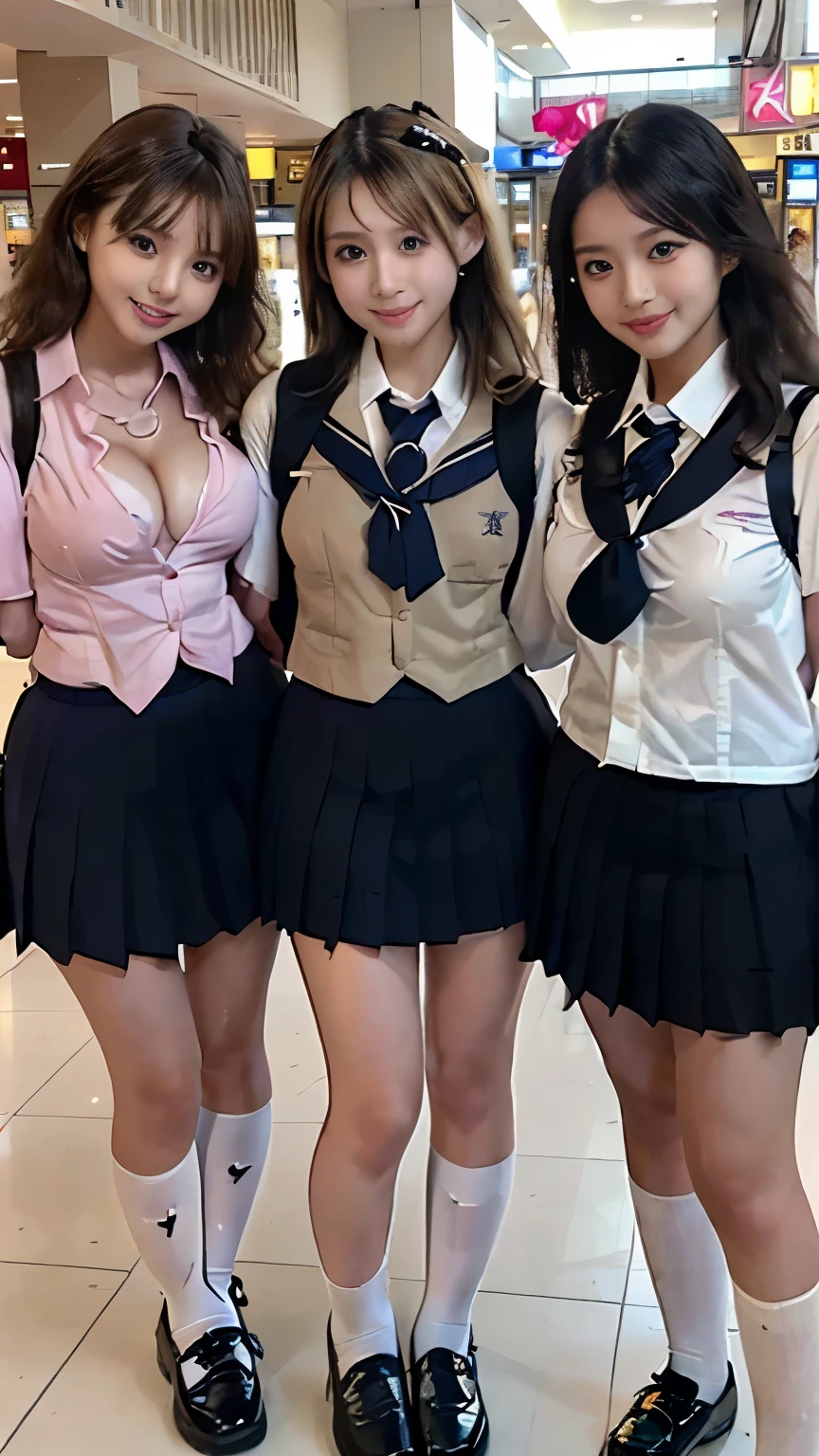 (scene; (3 people:1.8)), gal, (Japanese tall high school girl 3 people), (18 years old), (medium breasts), (Shopping mall, Shopping Street, street, Outdoor), (Look this way Are standing, Full body portrait, Photograph the whole body, Full-body image, Are standing, With legs spread, Doing sexy poses), (Thin thighs, Long, slender limbs, Small waist), ((Highly detailed skin), Beautiful realistic face, White skin, Pointed Chest, Perfect Anatomy, Realistic eyes, Natural eyes, Brown Eyes, Accurate eye focus, Accurate limbs), (hyper realist, Ultra-realistic, 4K, Attention to detail, Ultra-high resolution, highest quality, masterpiece, Presence, dynamic, Uplifting, bold, Sharpness), (Huge breasts:1.5), (Cleavage:1.5), (Blonde long hair:1.5), (Wavy long hair:1.5), (Curly Hair:1.5), (sleek bangs), (Twin tail hair), (White collared shirt, Pleated mini skirt, Navy colored socks, Black loafers, Ribbon tie), Schoolgirl in uniform, Surreal school girl, tall, in uniform, smile, Emphasis on Cleavage, (Are standing cute schoolgirls 3 people:1.8), NIKON, Canon,