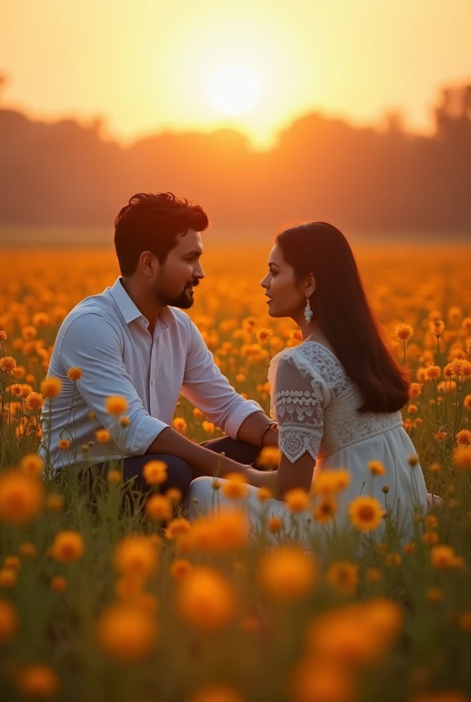 A man and woman sitting in a field with flowers, lovely couple - SeaArt AI