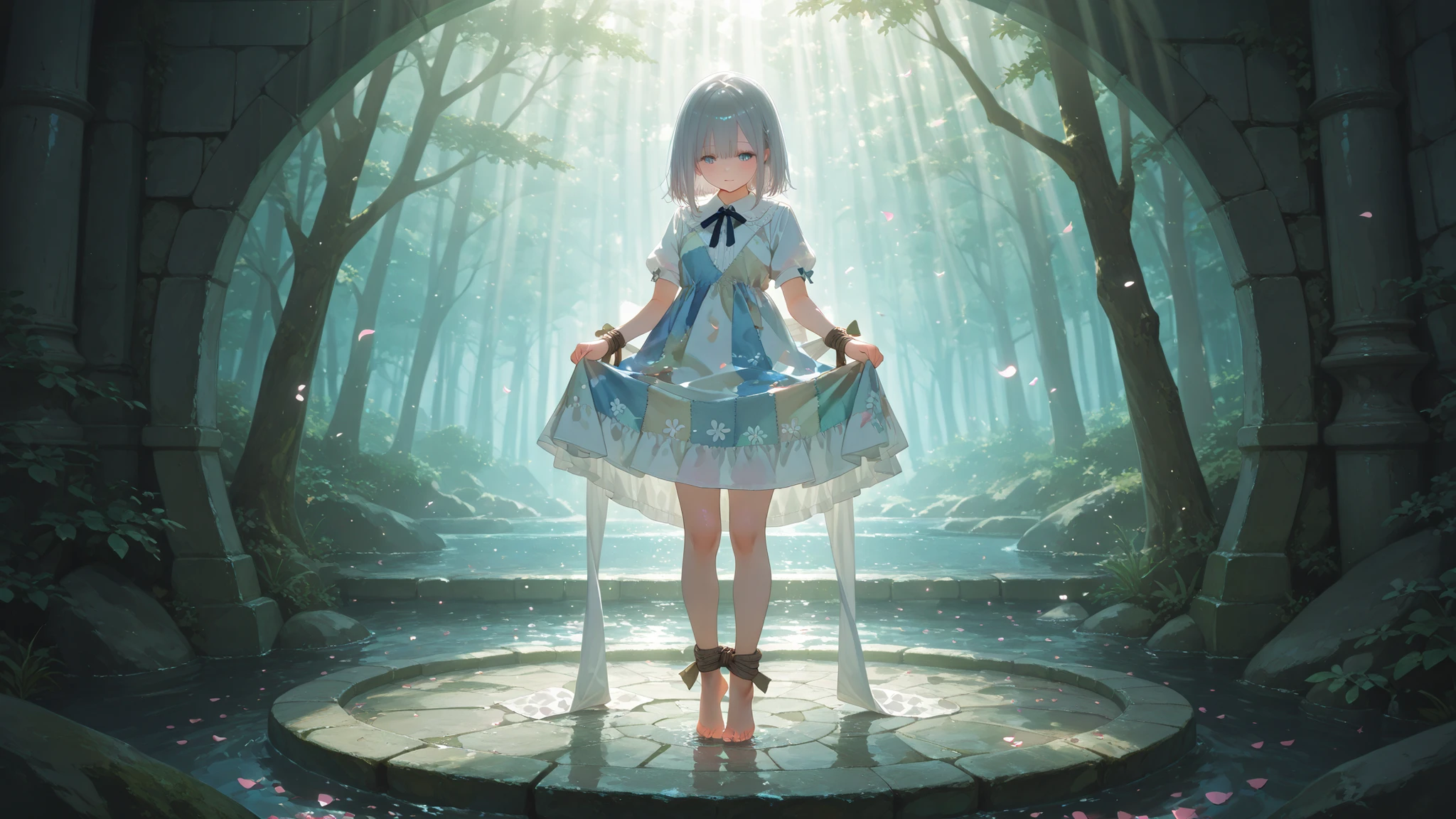 Lovely_Study by focusing on Chu , How high is the resolution of the novuschroma65 style watercolor painting,Artistic masterpiece, illustration style, Little Girl, Patchwork Dress, Barefoot, Innocent moment standing on tiptoe, Sunlight shining through a giant sacred sword, Magical Brilliance, Ancient pedestal, tree々sunlight shining in between, Soaring Petals, white deep-neck shirts with their left legs tied up to be lifted, Added , (Medium close-up)