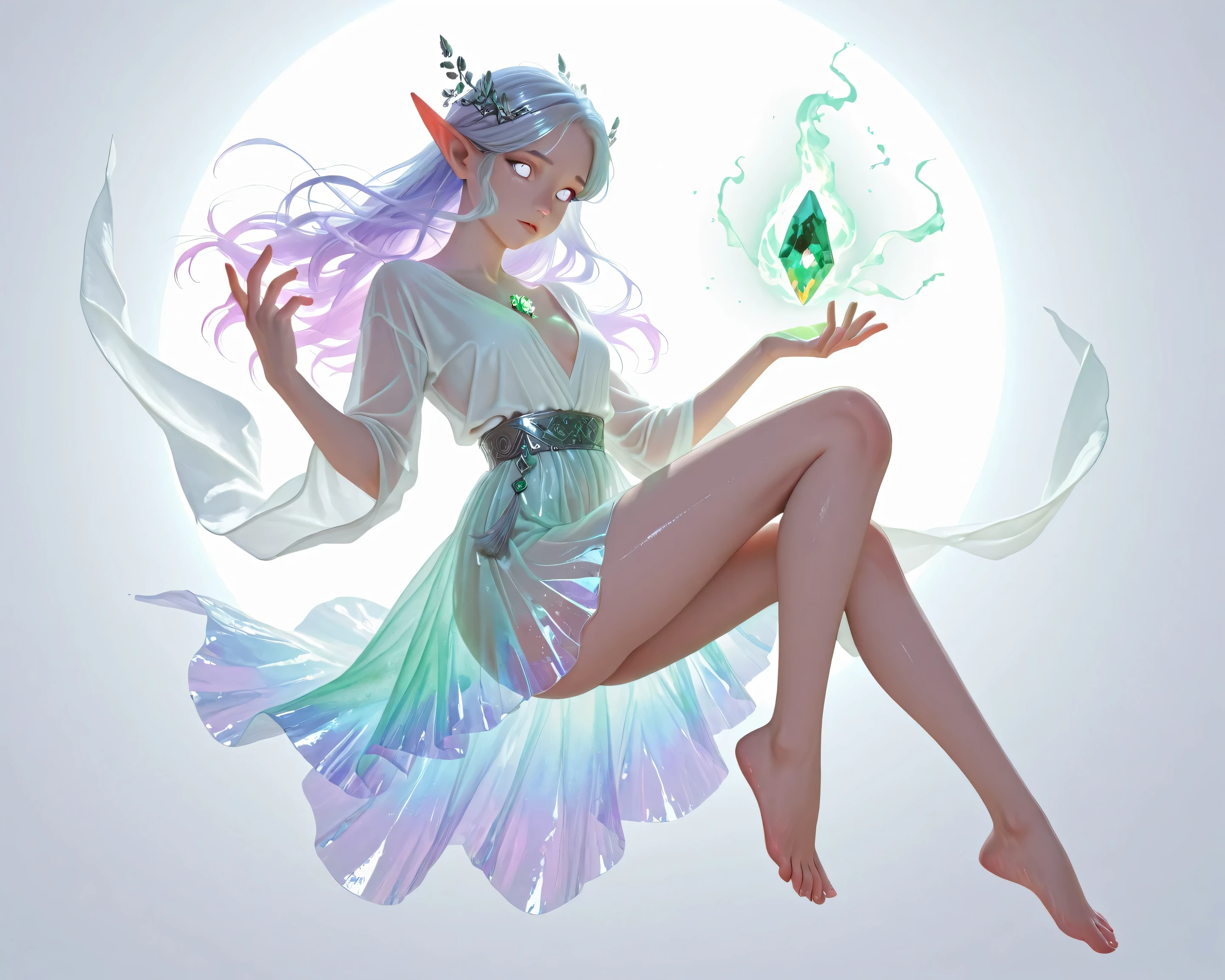 Full nude illustration of a humanoid  crystal spirit. The character has long, crystal-like hair with a soft gradient  light blue to lavender purple. Their eyes are glowing emerald green, resembling precious gems. They wear a shiny silver robe-like top , see -thru. shes also wearing a translucent crystal-textured skirt. The skin shines semi-translucent, giving an ethereal glow. They are barefoot,perfect feet. perfect hands and fingers.  floating small glowing crystals orbiting behind them. Their ears are slightly long and pointed. The character is in a magical pose. Pure white background. backlighting. ,無修正,最高品質,naked